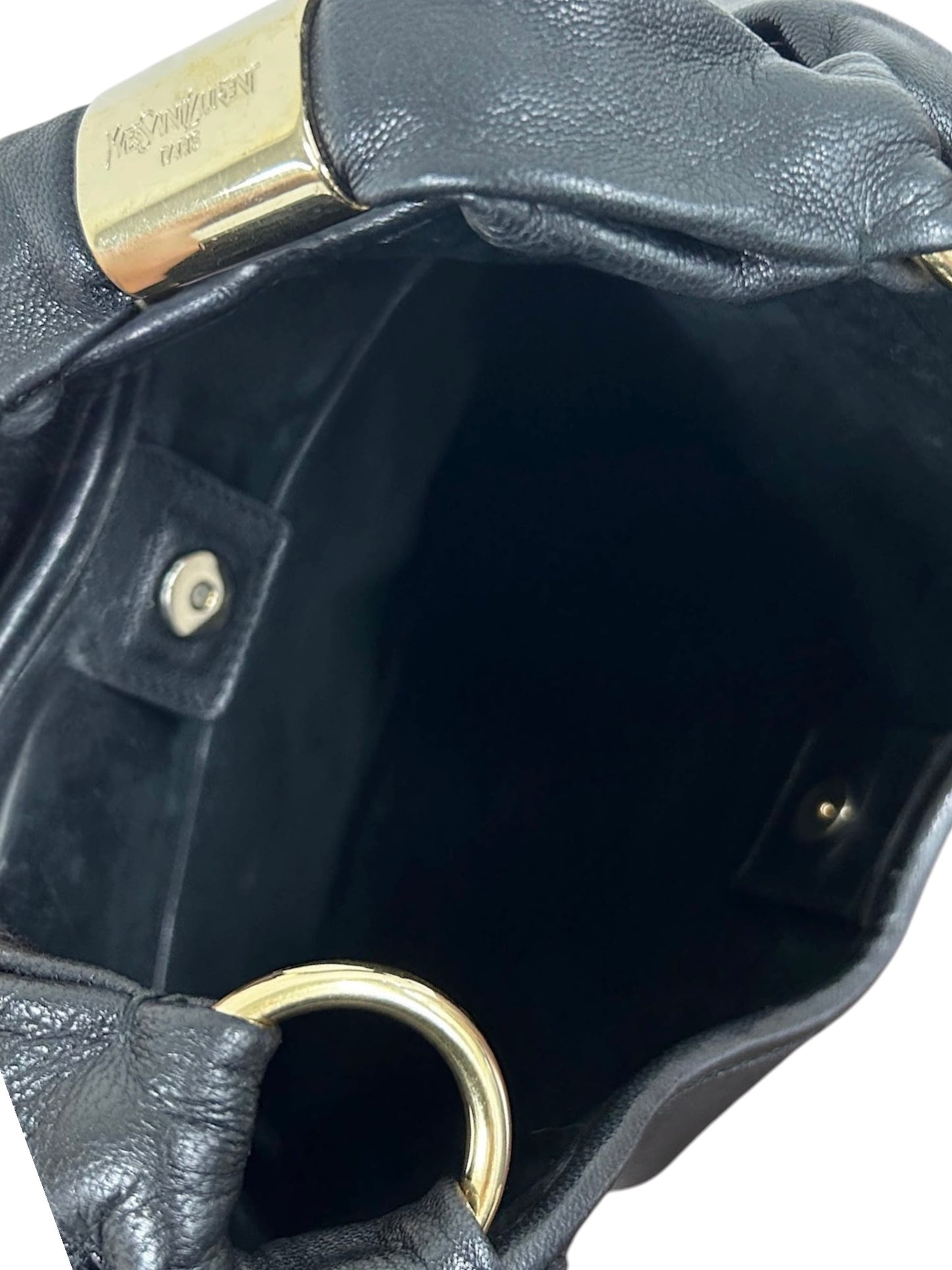 Yves Saint Laurent / YSL Vintage Black Leather Rive Gauche Ruffle St Tropez Small / Medium Shoulder Hobo Bag