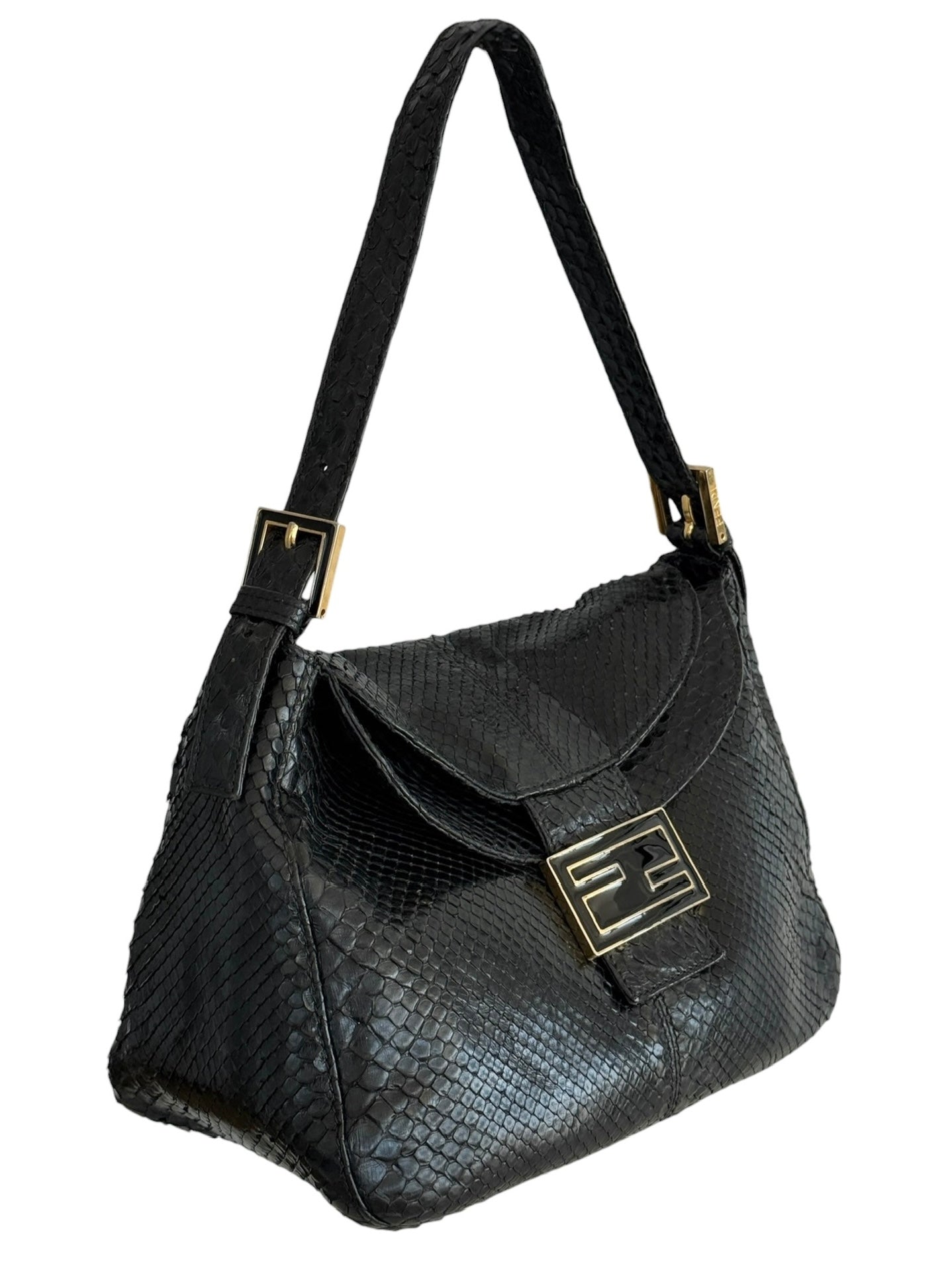 Fendi Vintage Black Python Leather Double Flap Bucket Small Hobo Shoulder Baguette Bag