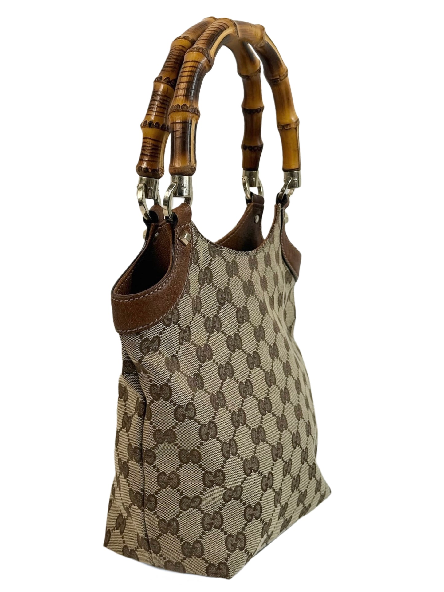 Gucci Vintage Brown GG Monogram Canvas Bamboo Handle Small Shoulder Tote Bag