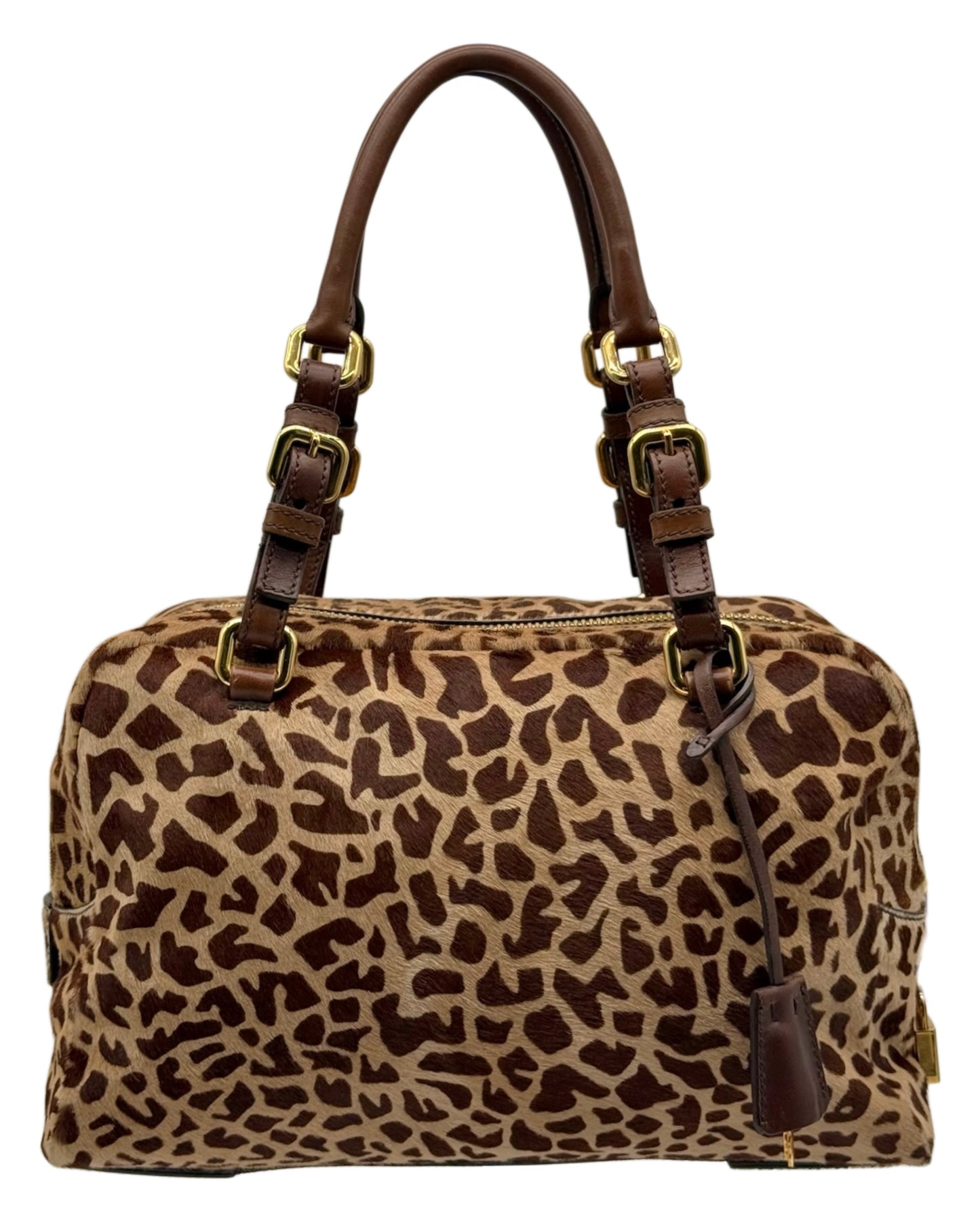 Prada Vintage Brown Giraffe Print Pony Hair Medium Bowler Boston Shoulder Bag