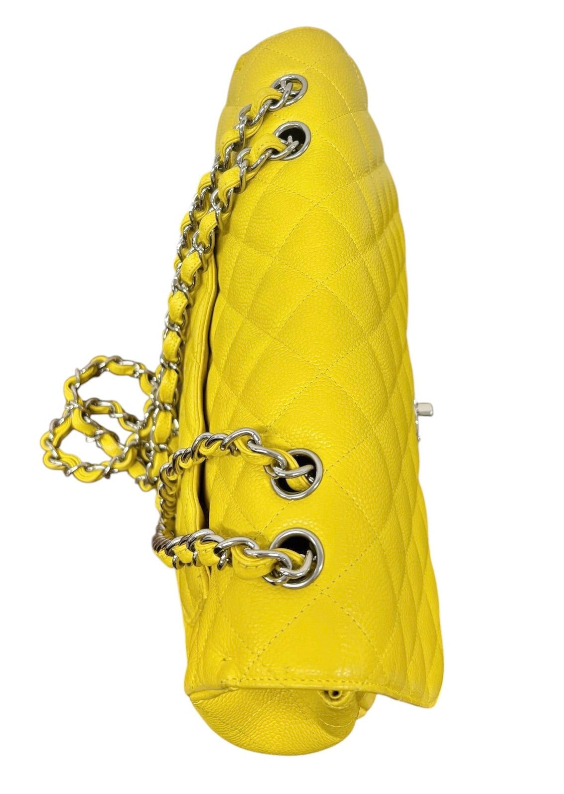 Chanel Yellow Quilted Caviar Jumbo Classic Single Flap Bag with Silver Hardware 