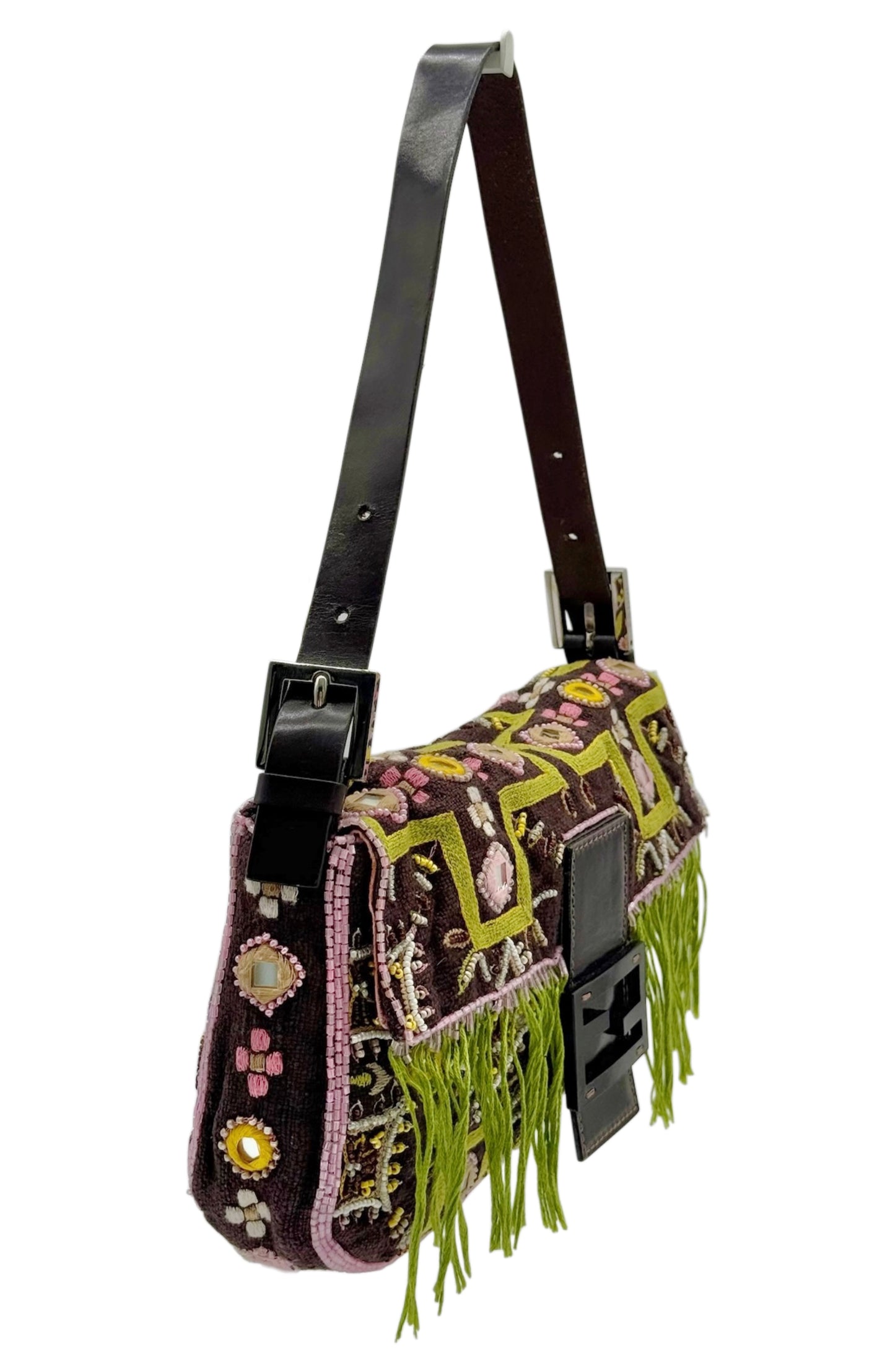 Fendi Vintage Brown Knit Embroidered Pink Beaded Green Fringe Embellished Shoulder Baguette Bag