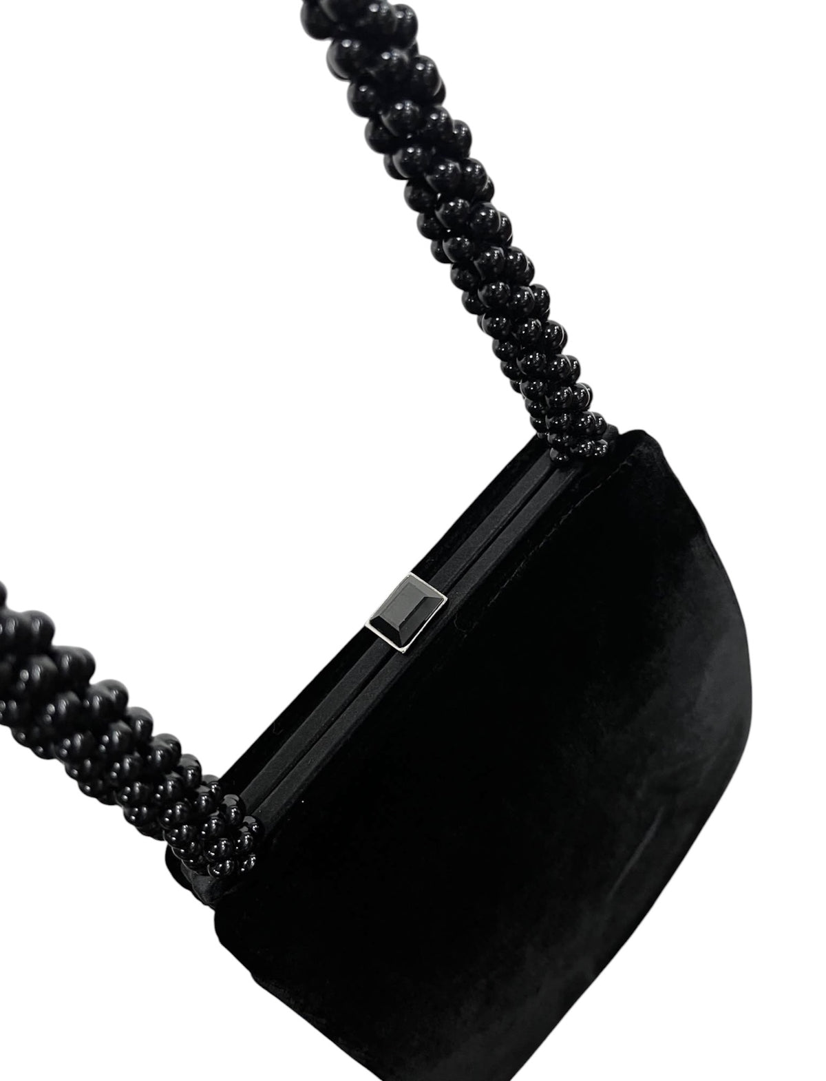 Bottega Veneta Vintage Black Velvet Kisslock Shoulder Bag with Beaded Handle Detail & Mirror