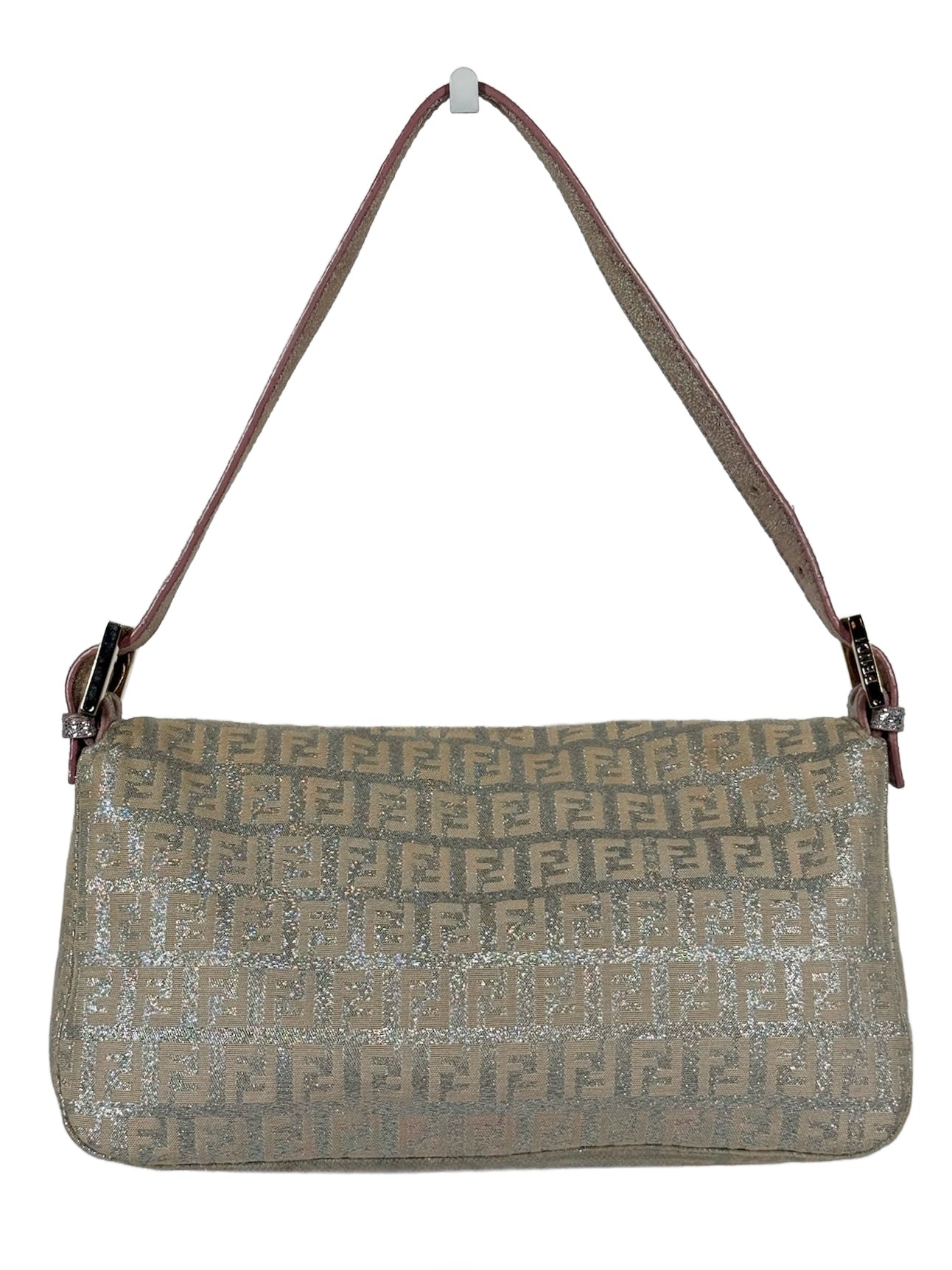 Fendi Vintage Light Pink Metallic Silver Glitter Zucca Monogram Double Flap Shoulder Baguette Bag