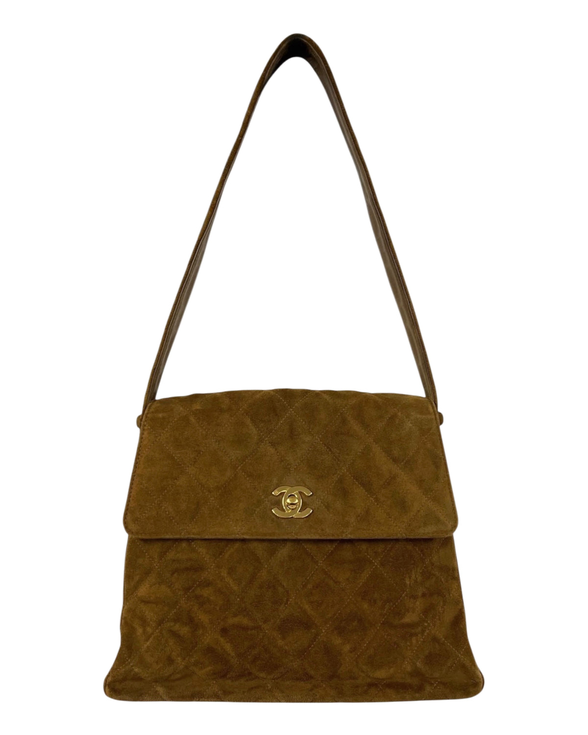 Chanel Vintage 90s Light Brown Quilted Suede Medium Kelly Shoulder Bag with 24K