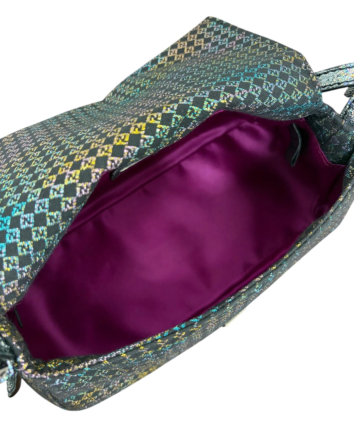 Fendi Vintage Black Iridescent Micro Zucchino Zucca Monogram Mini Mamma Shoulder Baguette Bag