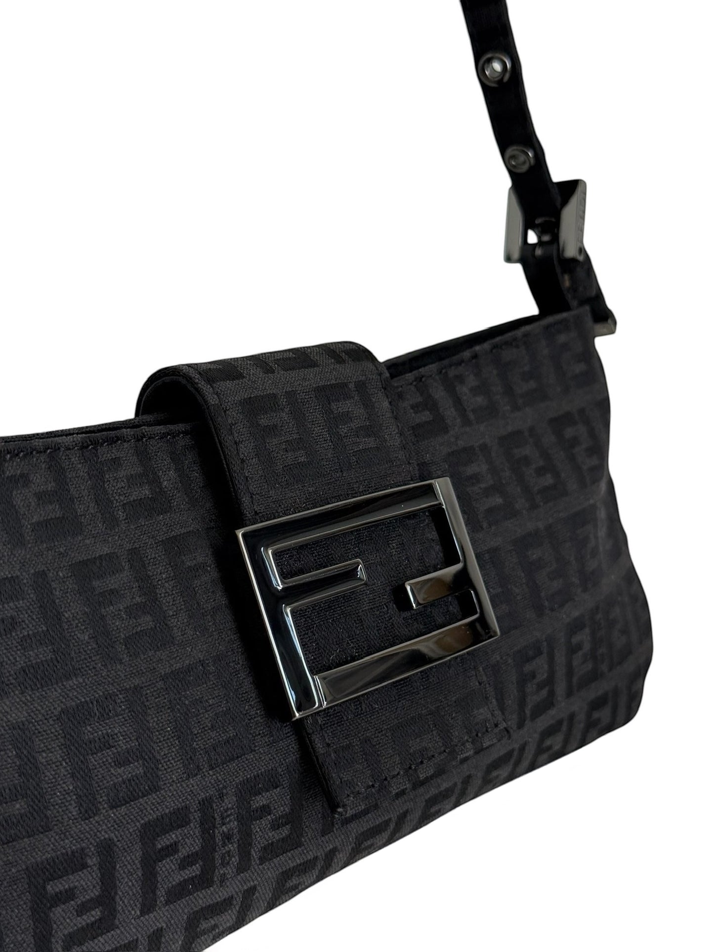 Fendi Vintage Black Zucchino Zucca Monogram Flat Pochette Shoulder Baguette Bag