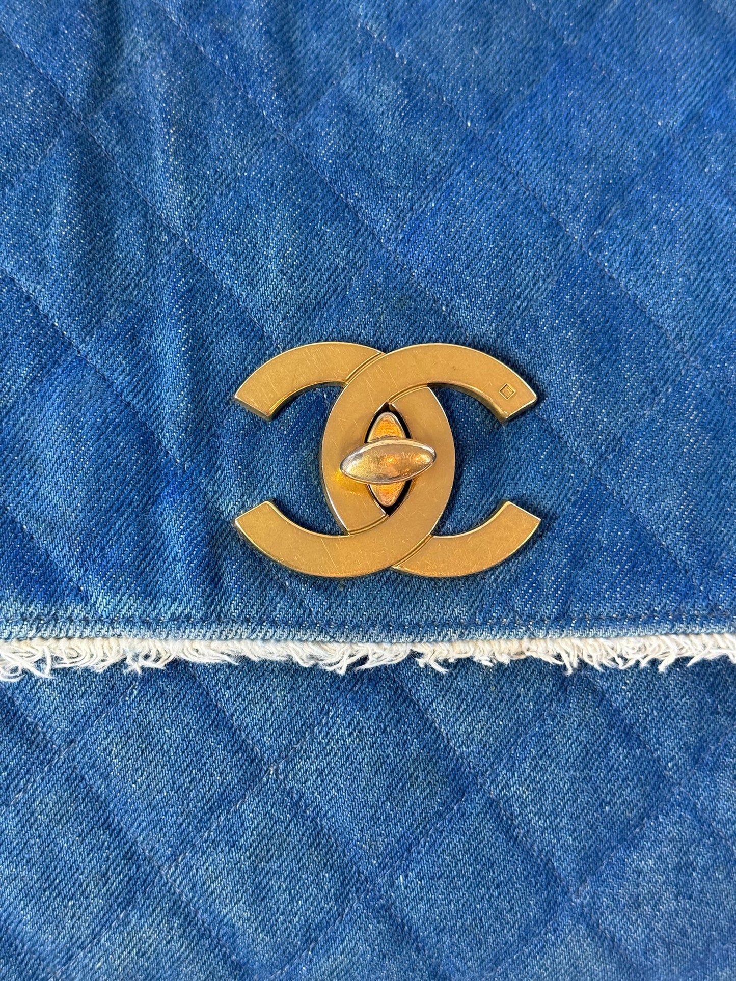 Chanel Vintage Blue Quilted Denim Fringe Maxi Crossbody Shoulder Flap Bag w 24K Gold Plated Hardware