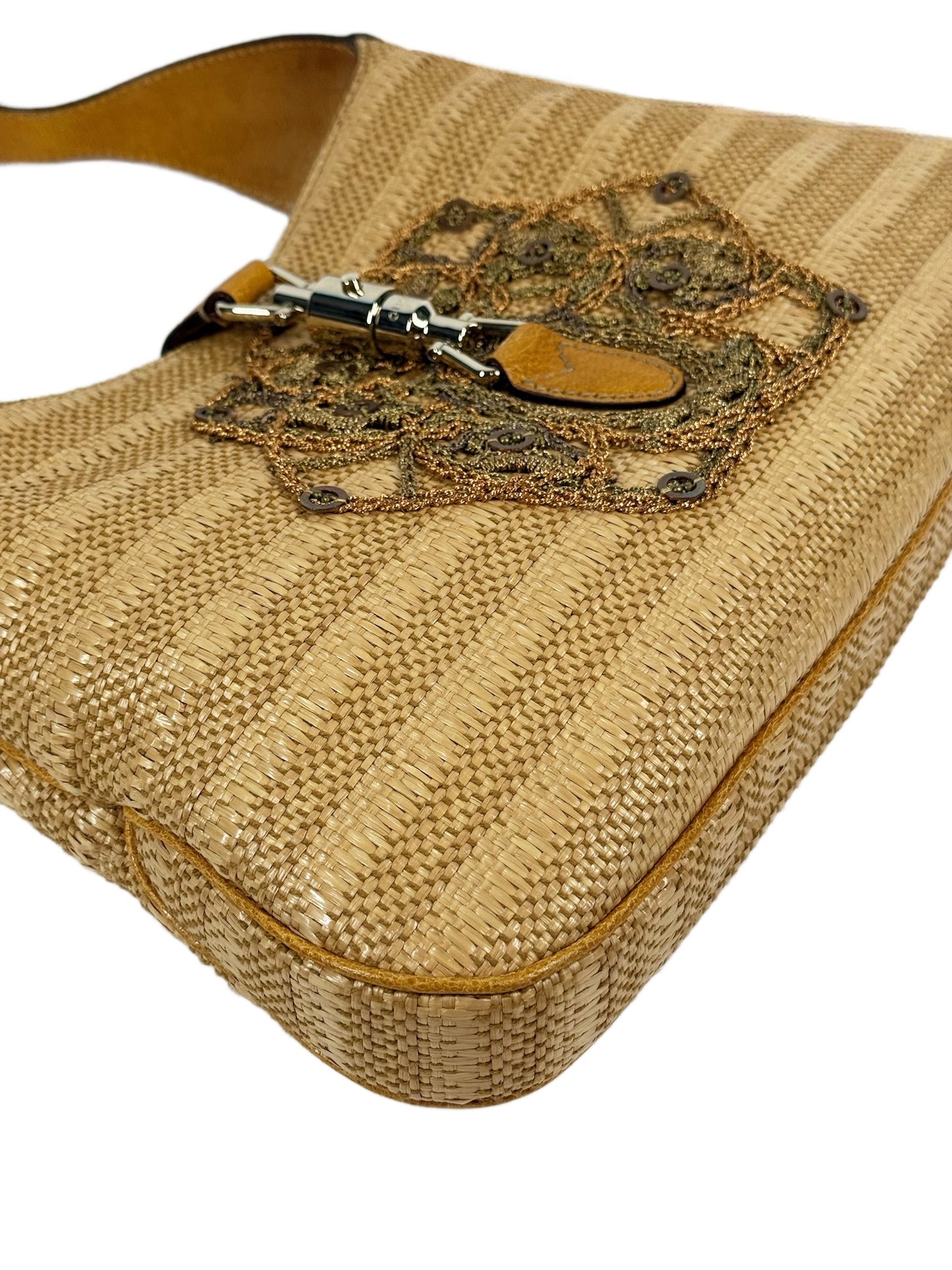 Gucci Vintage Embroidered Sequin Raffia Jackie Shoulder Bag w Gold Leather Trim