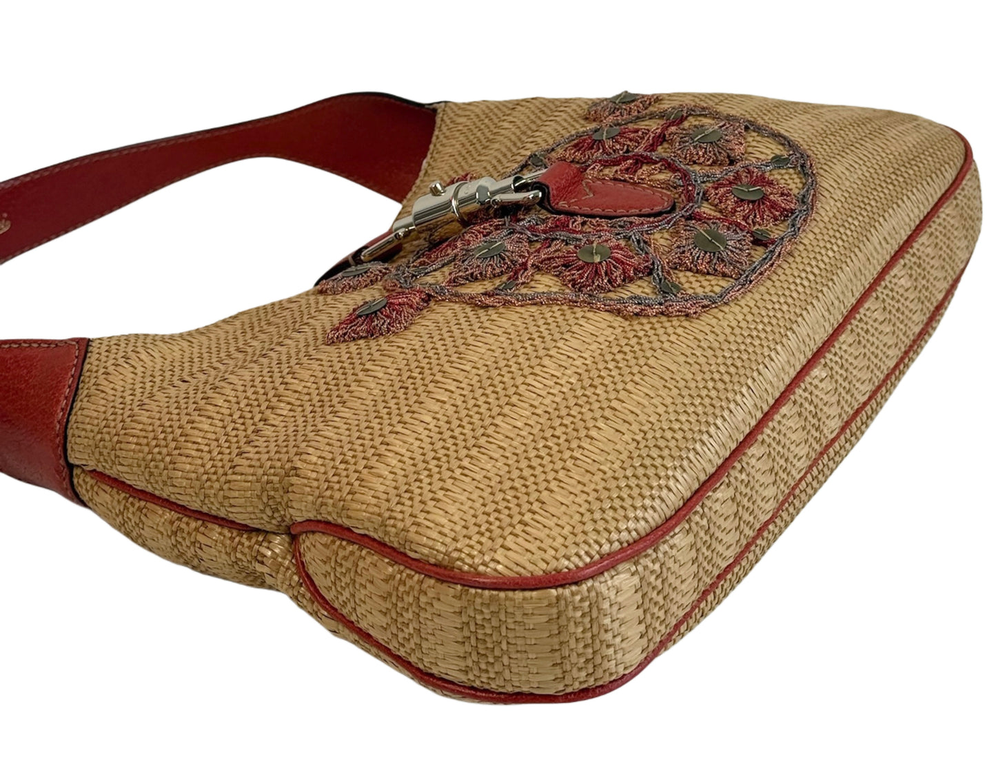Gucci Brown Raffia & Red Leather Embellished Sequin Medium Jackie Hobo Shoulder Bag