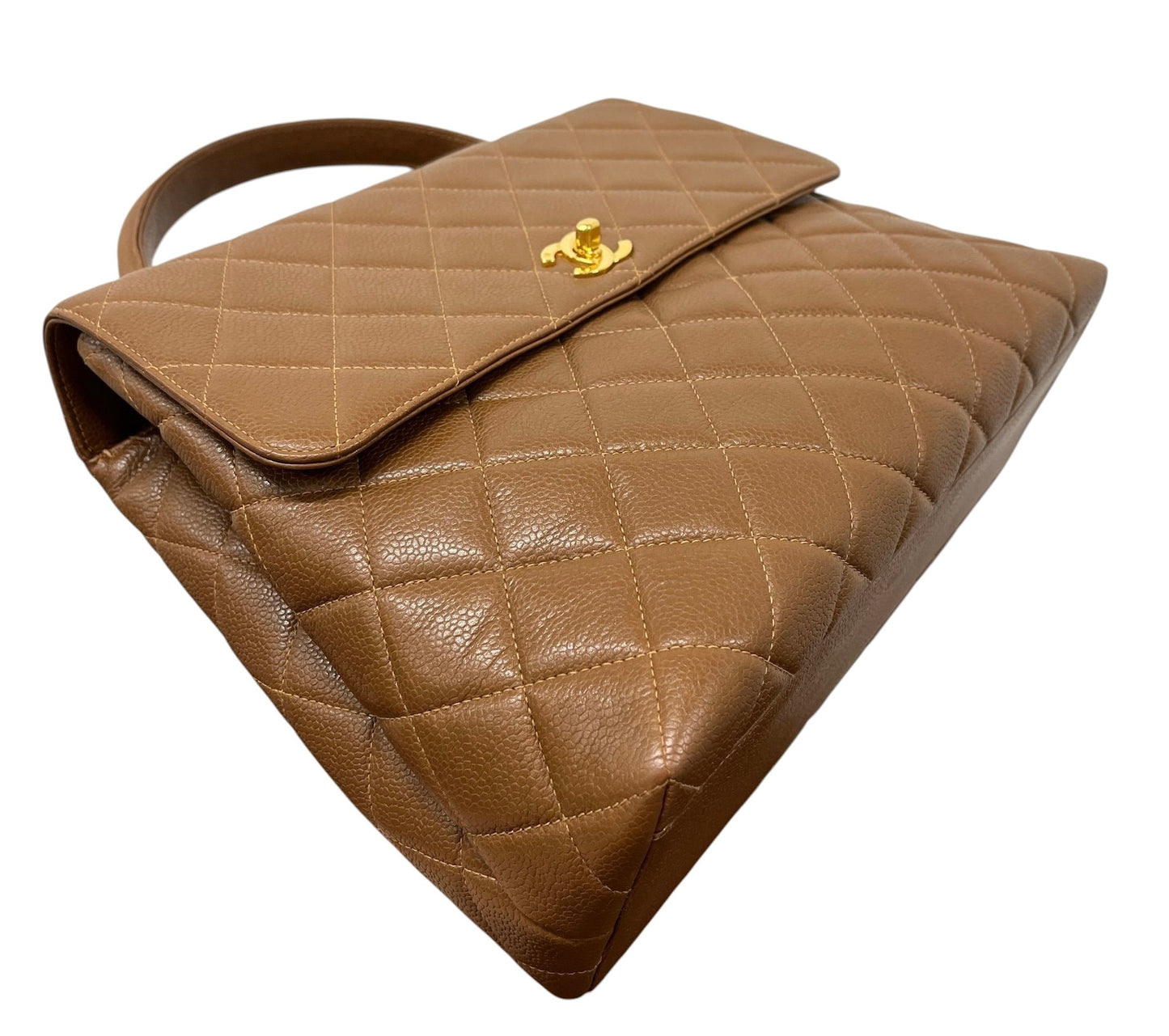 Chanel Vintage 90s Light Brown Quilted Caviar Medium Kelly Top Handle Flap Bag with 24K GPHW 