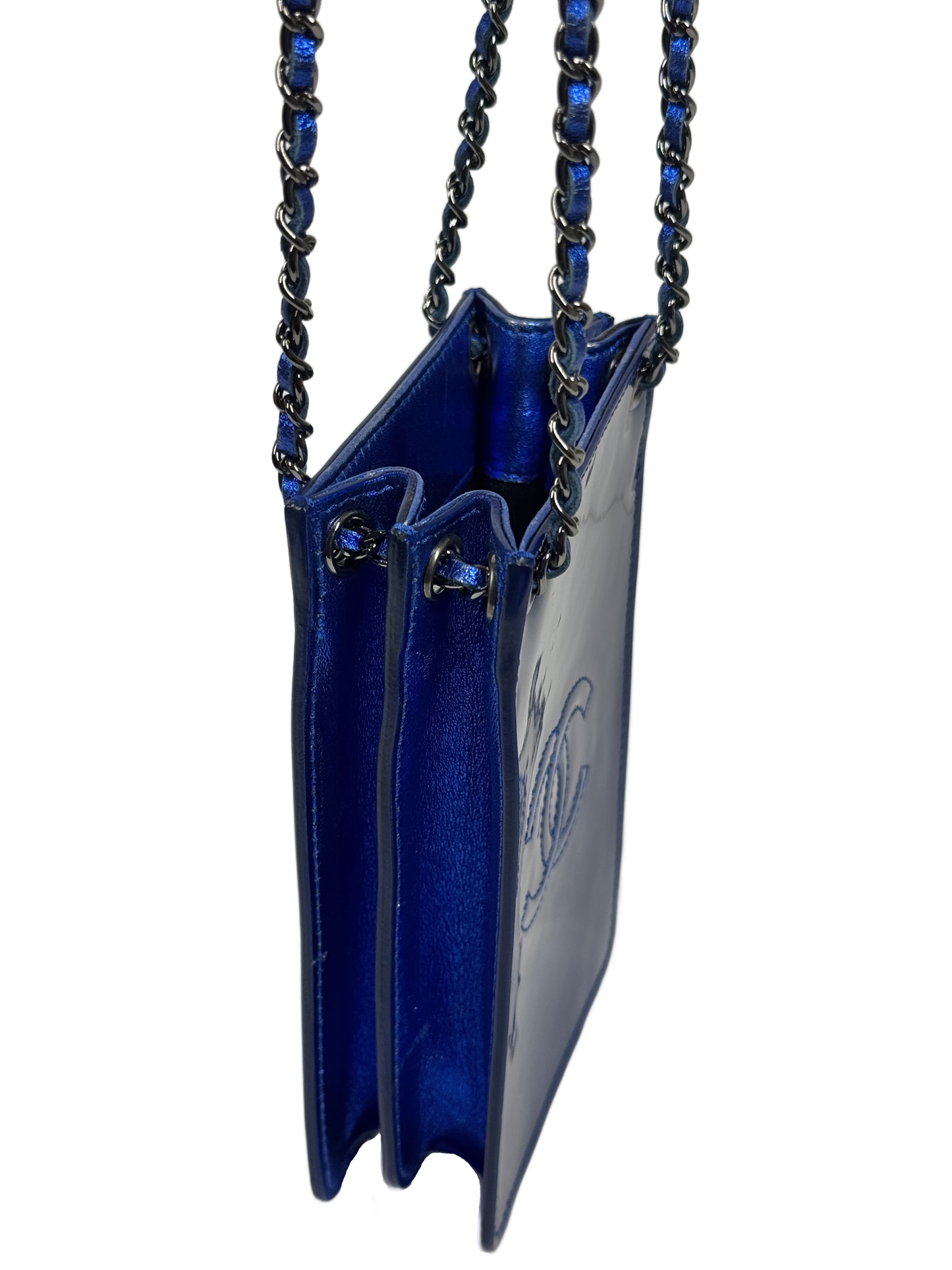 Chanel 2014 Cobalt Blue Metallic Patent Leather Phone Holder Shoulder Crossbody Bag