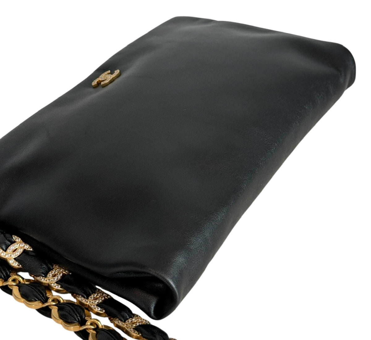 Chanel 2024 Black Lambskin Wristlet Evening Clutch with Rhinestone Crystal CC Logos