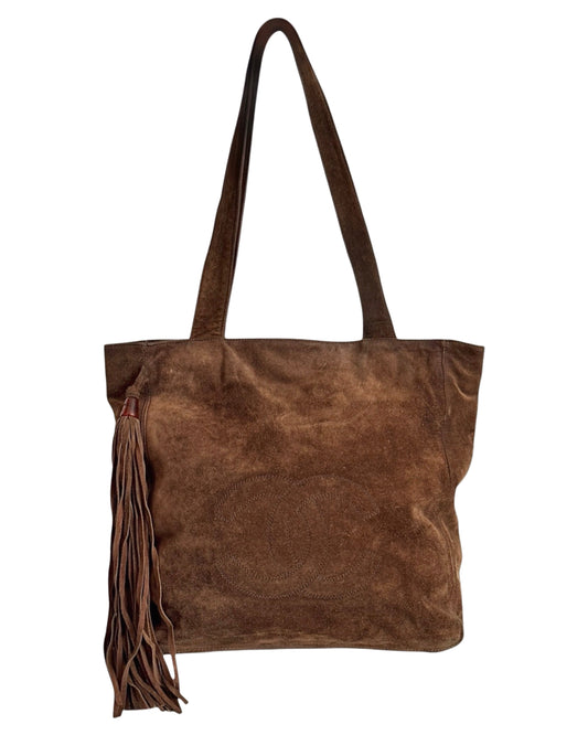Chanel Vintage 90s Brown Suede CC Shoulder Tote Bag with Tassel