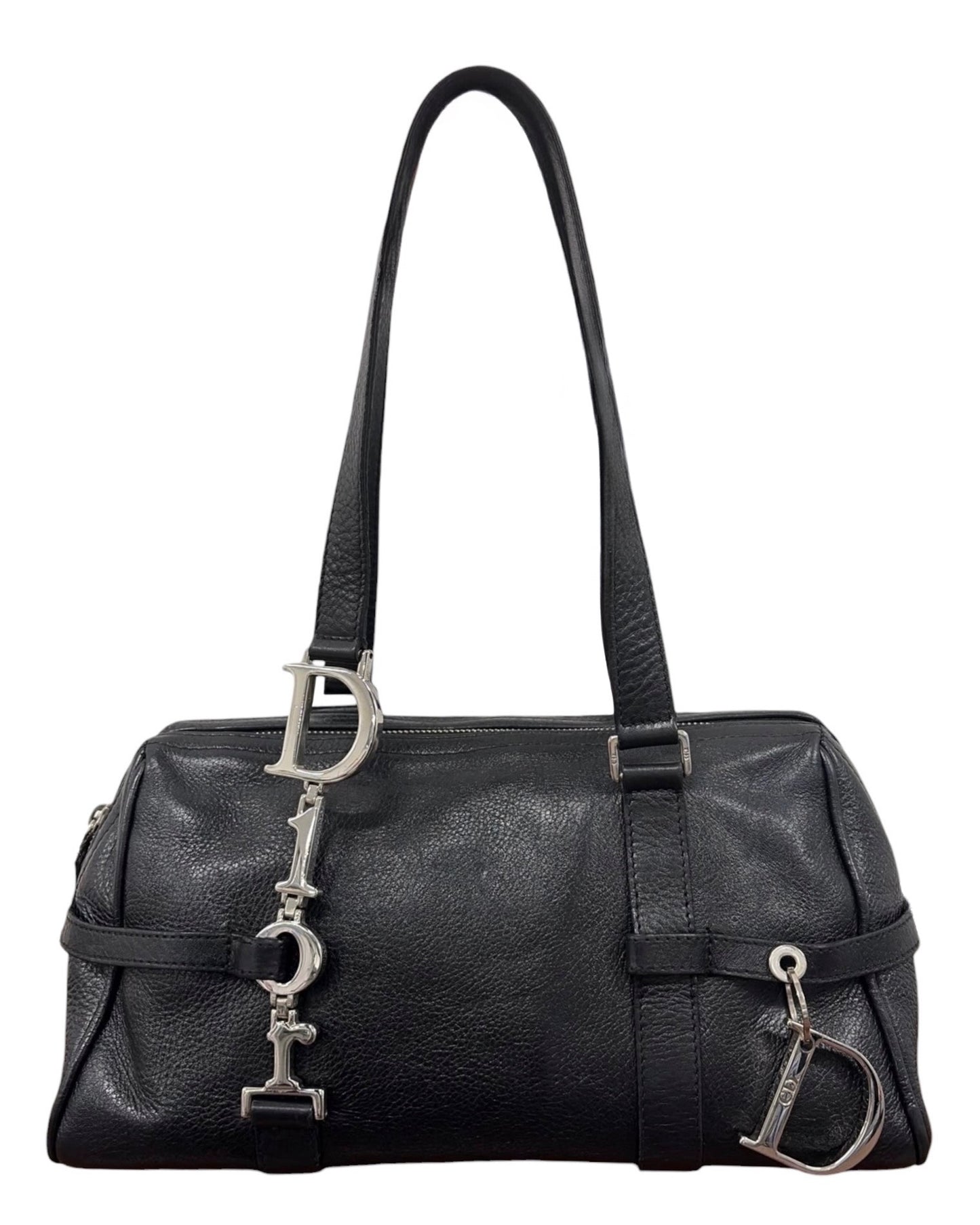 Dior Vintage 2005 Black Calfskin Leather Logo Small Boston Bowler Shoulder Bag