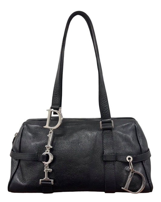 Dior Vintage 2005 Black Calfskin Leather Logo Small Boston Bowler Shoulder Bag