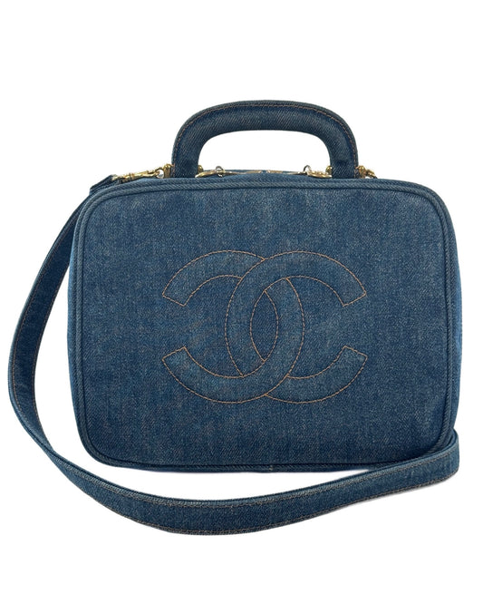 Chanel Vintage 90s Denim CC Top Handle Vanity Case w Shoulder Crossbody Strap