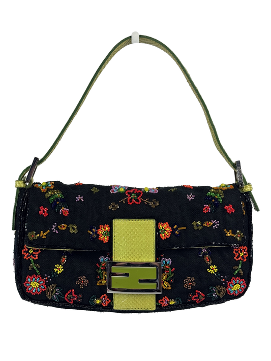 Fendi Vintage Black Knit Floral Beaded Embroidered Baguette Shoulder Bag w Green Lizard Trim 