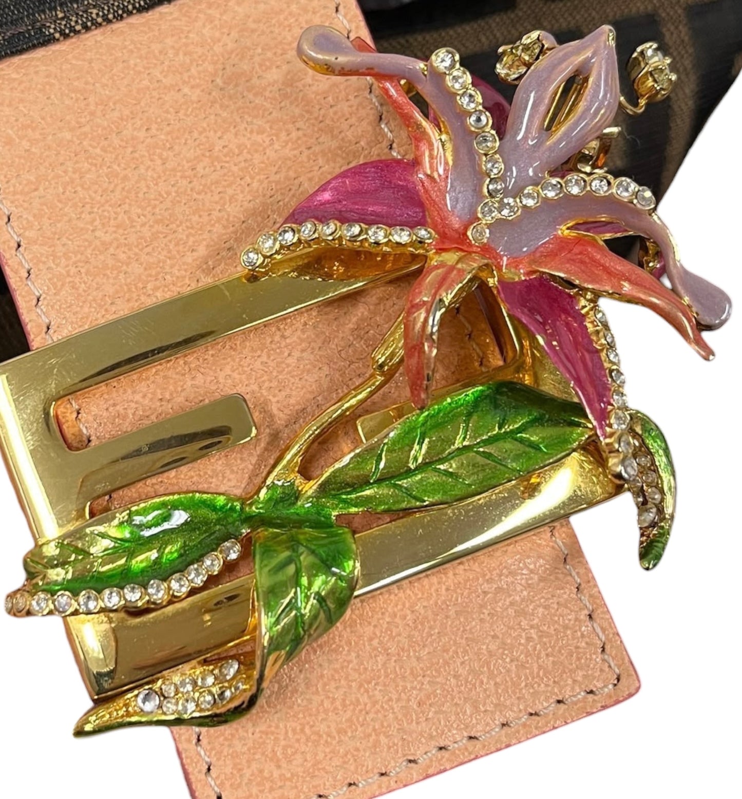 Fendi Vintage Brown Zucca Monogram Bucket Baguette Shoulder Bag with Enamel Floral Embellished Clasp