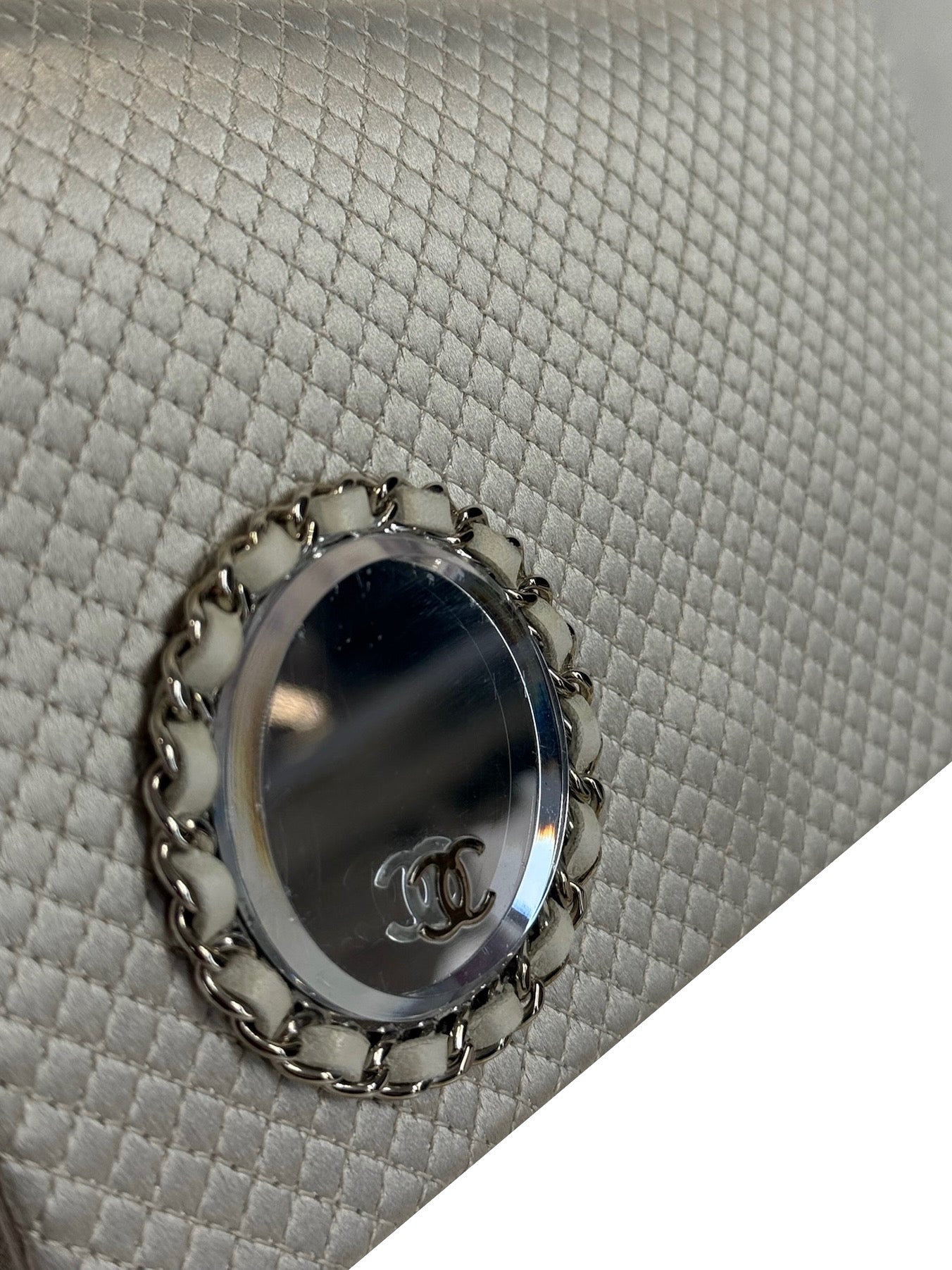 Chanel Vintage Metallic Pewter Quilted Satin CC Logo Mirror Chain Shoulder Bag