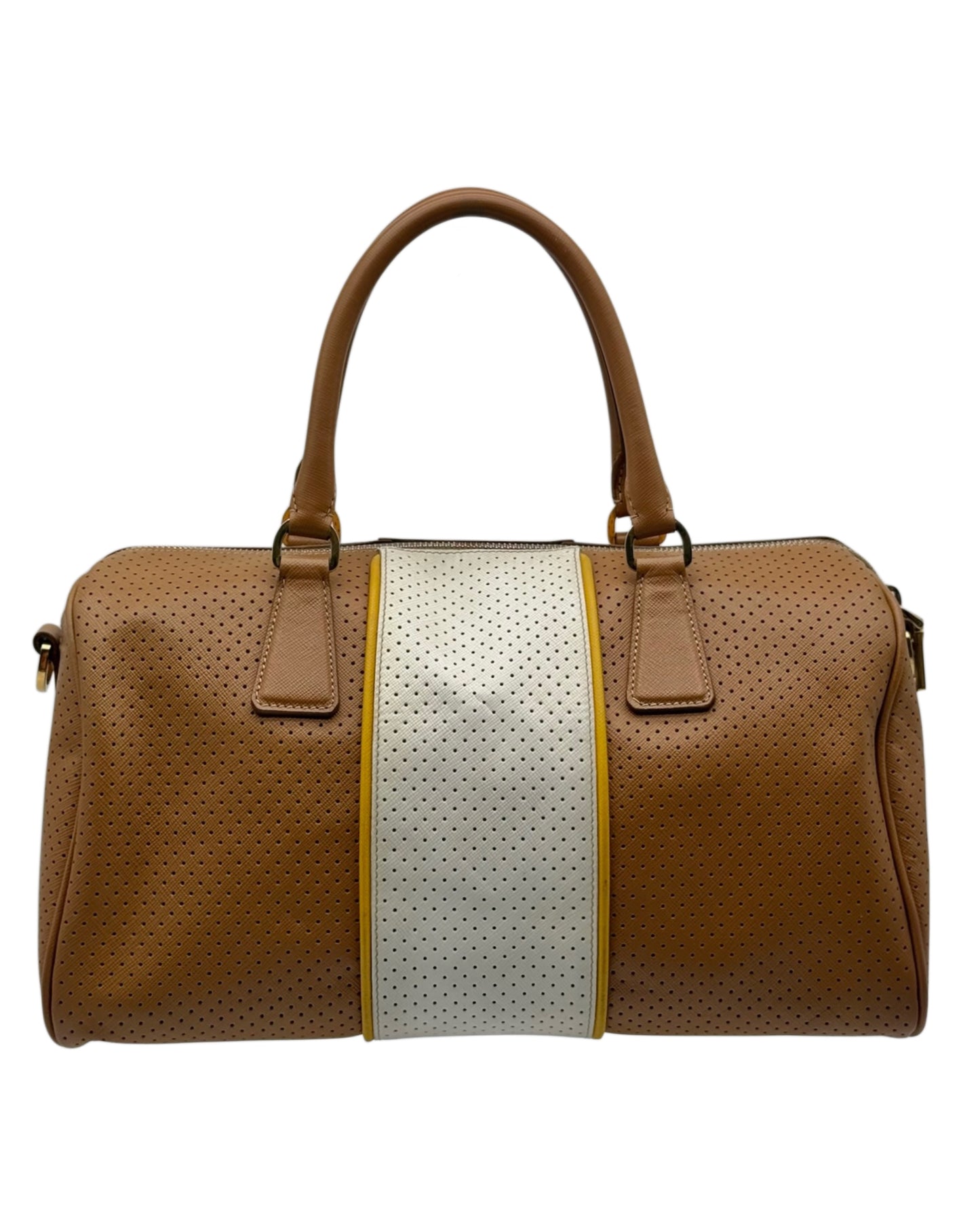 Prada Vintage Beige & White Striped Perforated Leather Small Boston Top Handle Bag