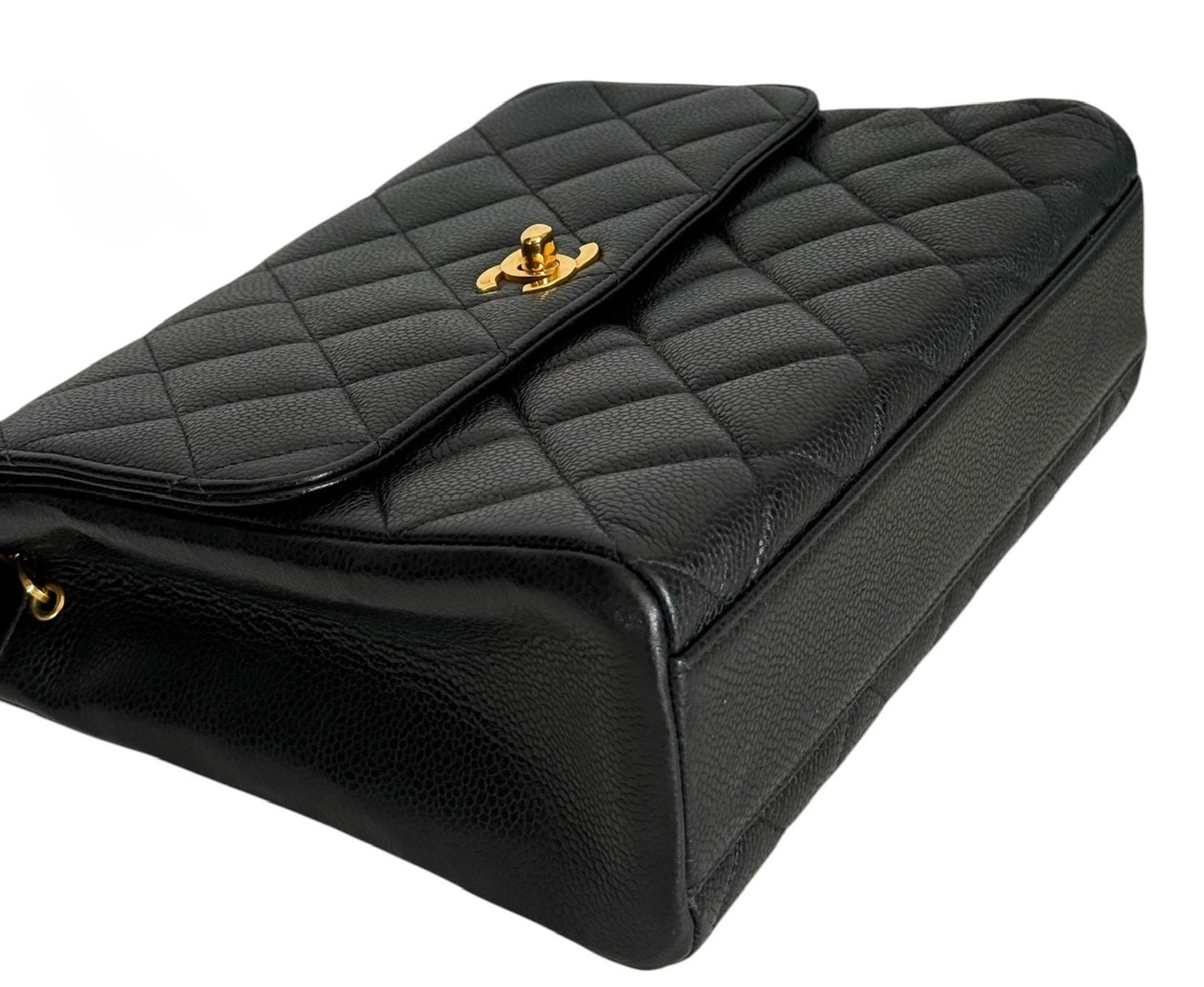 Chanel Vintage 90s Black Quilted Caviar Leather Medium Square Flap Shoulder Bag with 24K GPHW