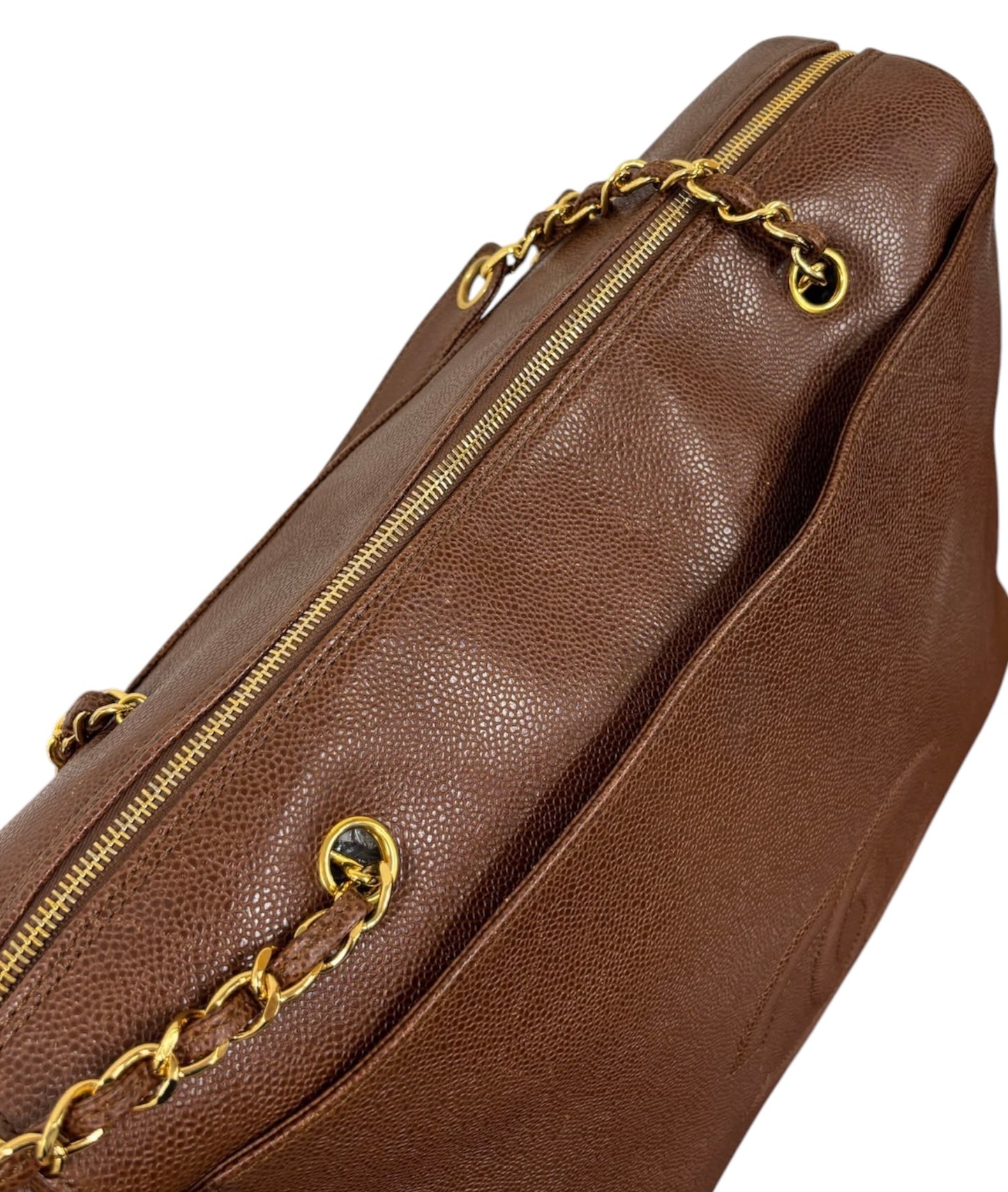Chanel Vintage Light Brown Caviar CC Logo XL Shoulder Tote Bag with 24K Gold Plated Hardware