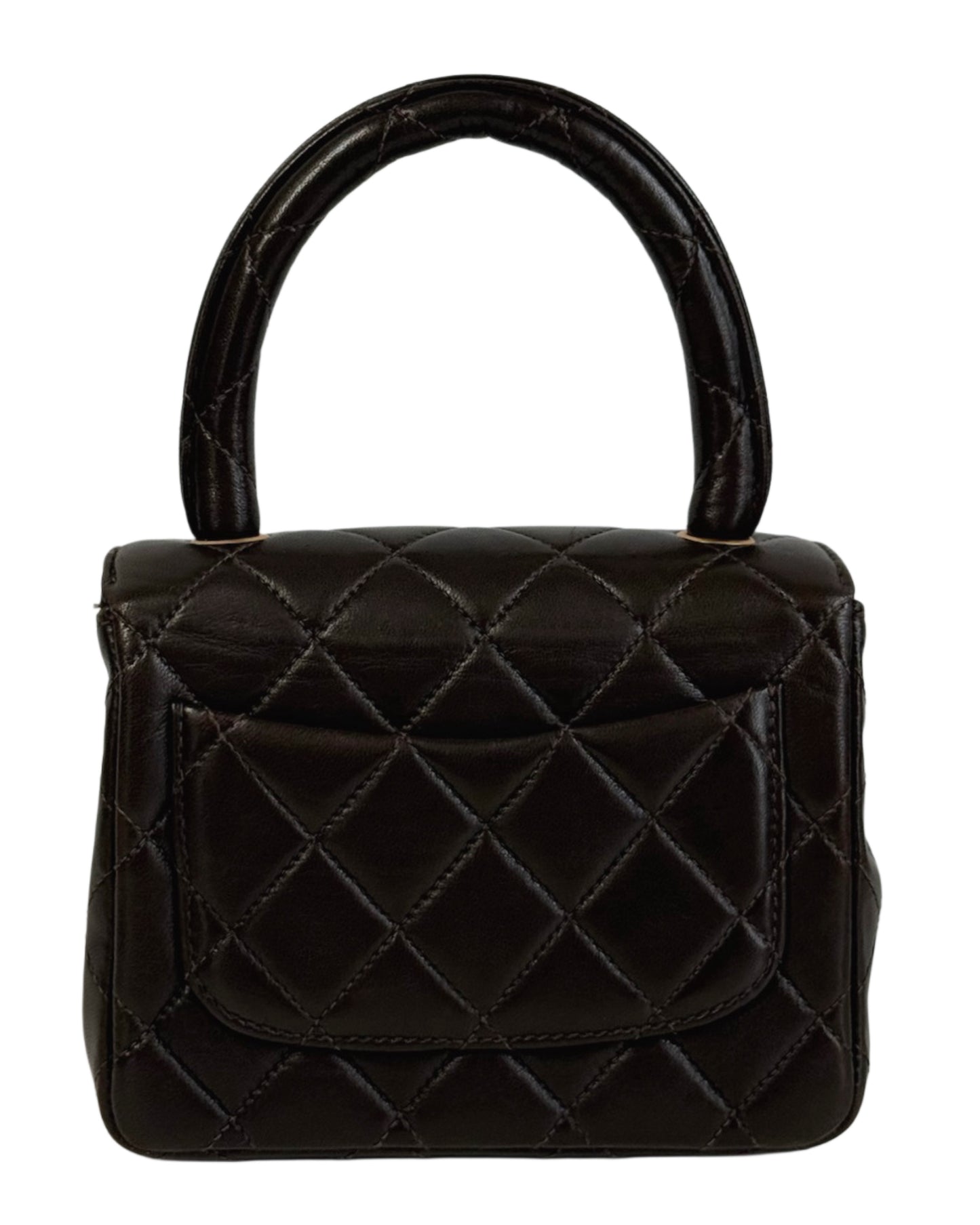 Chanel Vintage 90s Chocolate Brown Quilted Lambskin Mini Parent Child Square Kelly Classic Flap Top Handle Bag w 24K GPHW