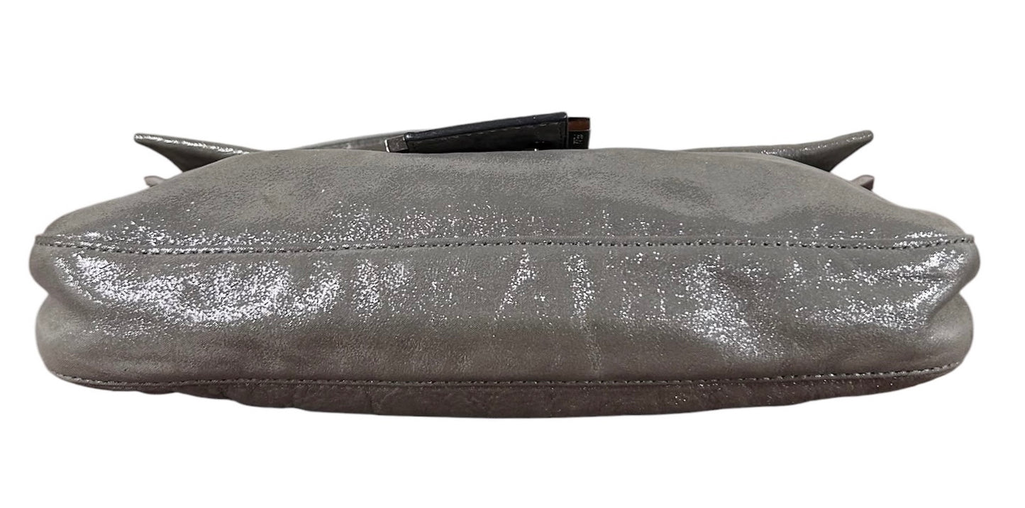 Fendi Vintage Metallic Silver Leather Crystal Logo Shoulder Baguette Bag
