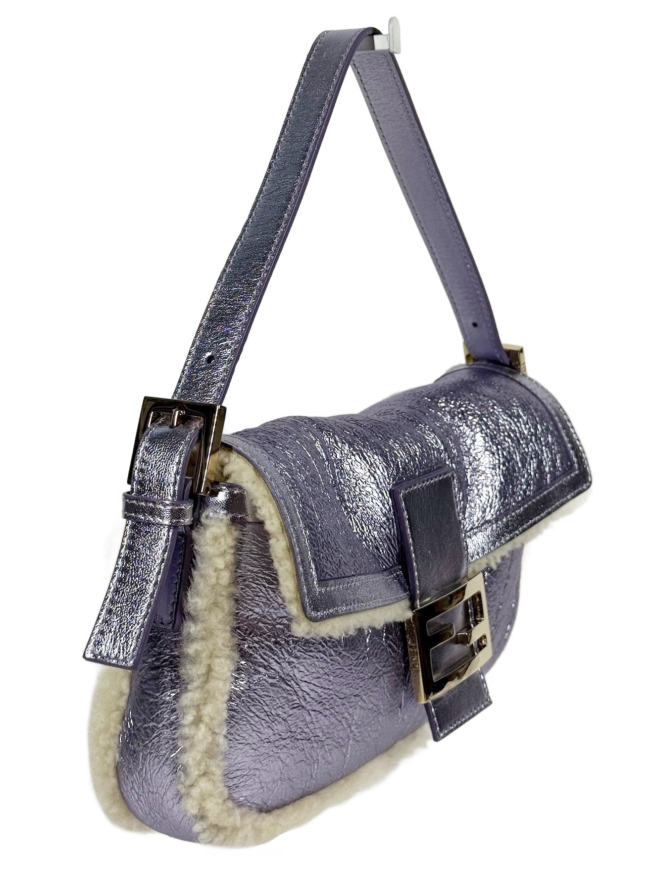 Fendi Metallic Purple Calfskin Shearling Trim Shoulder Baguette
