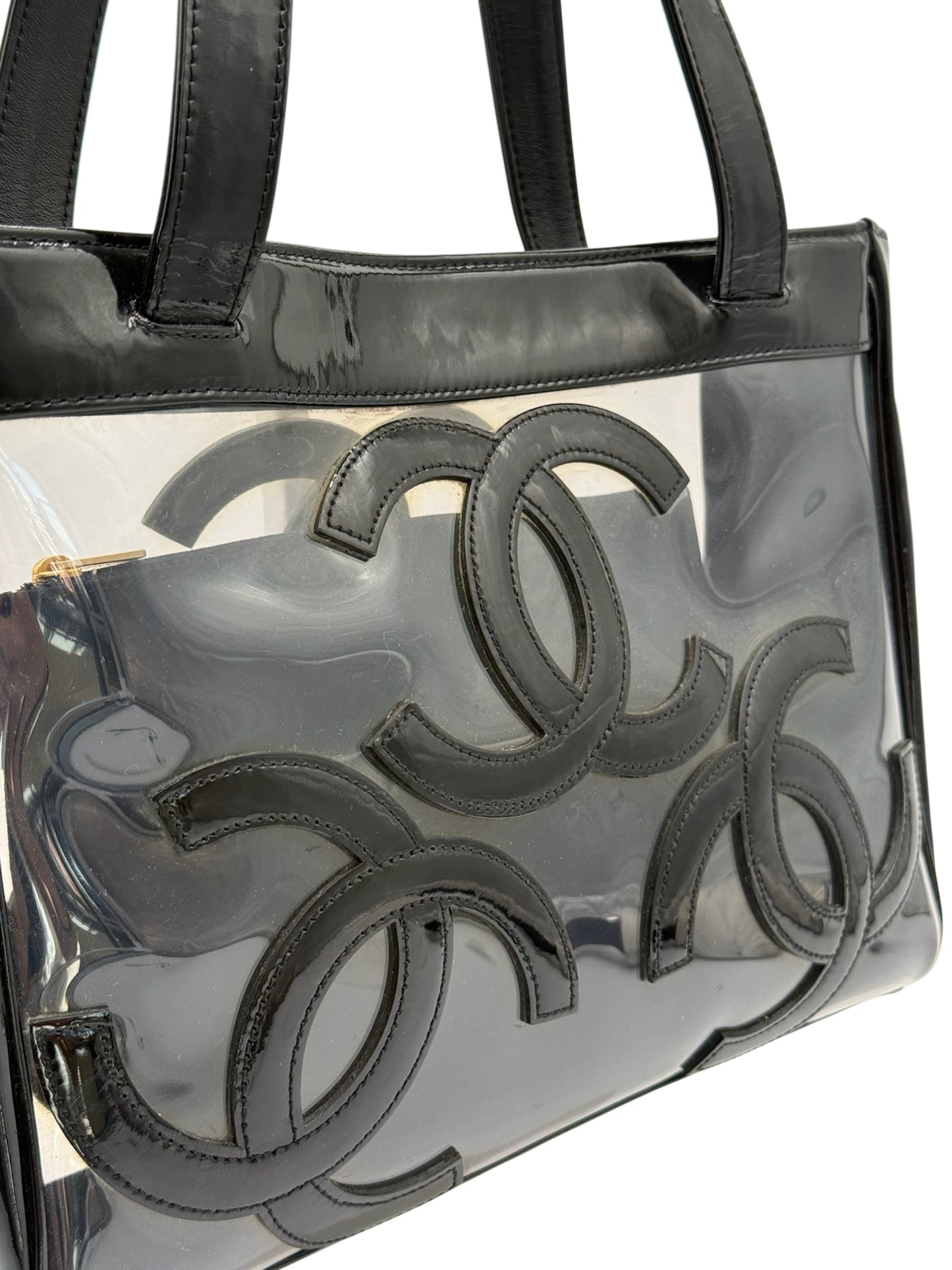 Chanel Vintage 00s Black Patent Leather PVC Triple CC Small Tote Shoulder Bag w Pouch