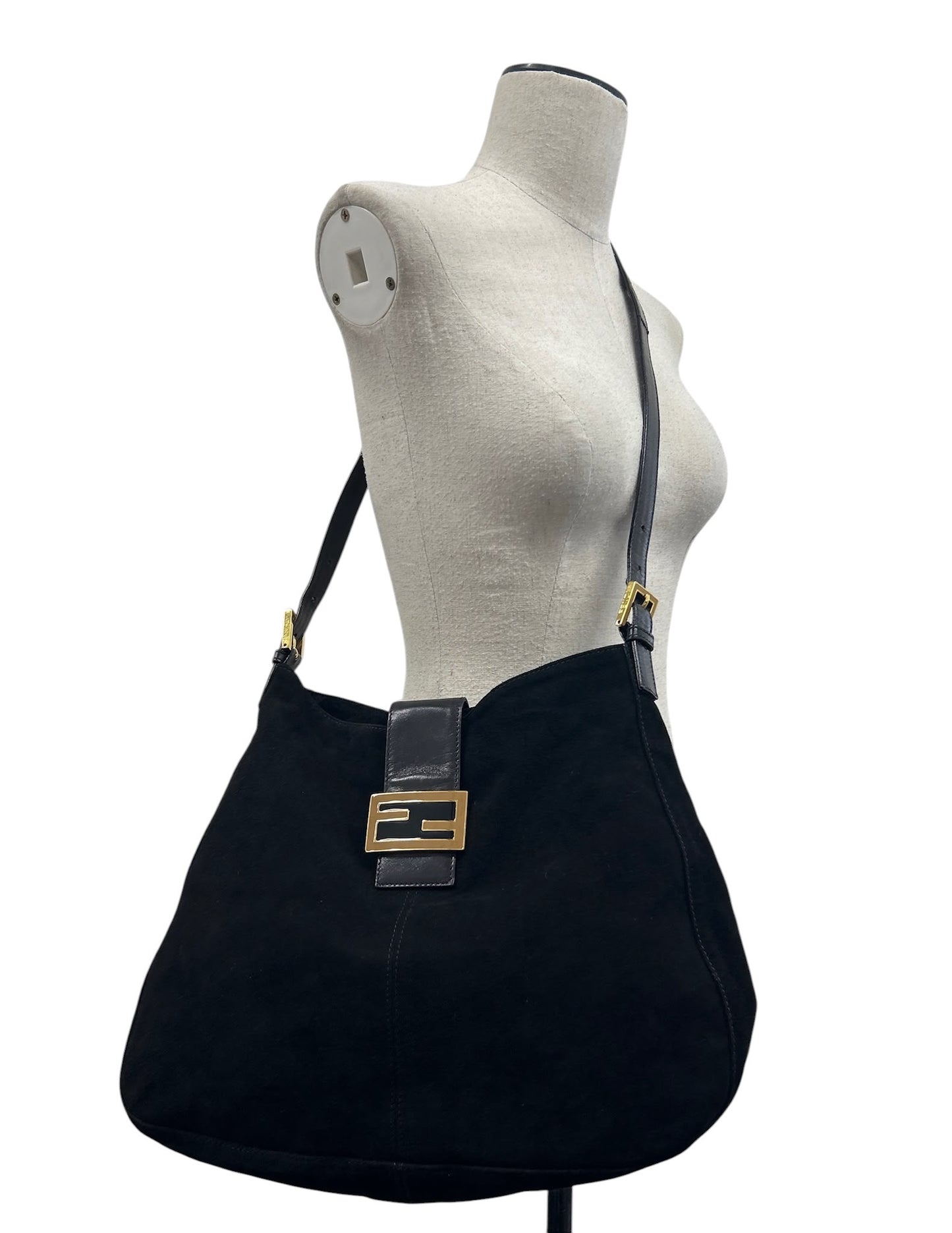 Fendi Vintage Black Suede Large Hobo Crossbody Messenger Baguette Bag 