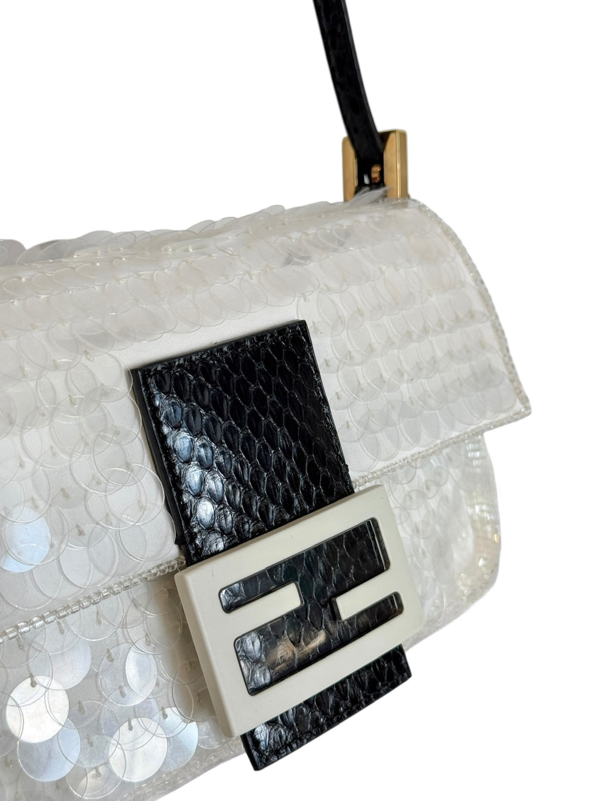 Fendi White Sequin Beaded Re-Edition Mini Shoulder Baguette Bag with Black Python Trim