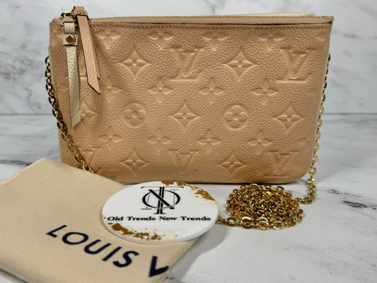 Louis Vuitton Beige & Rose Creme Monogram Empreinte Leather Double Zip Pochette Chain Bag