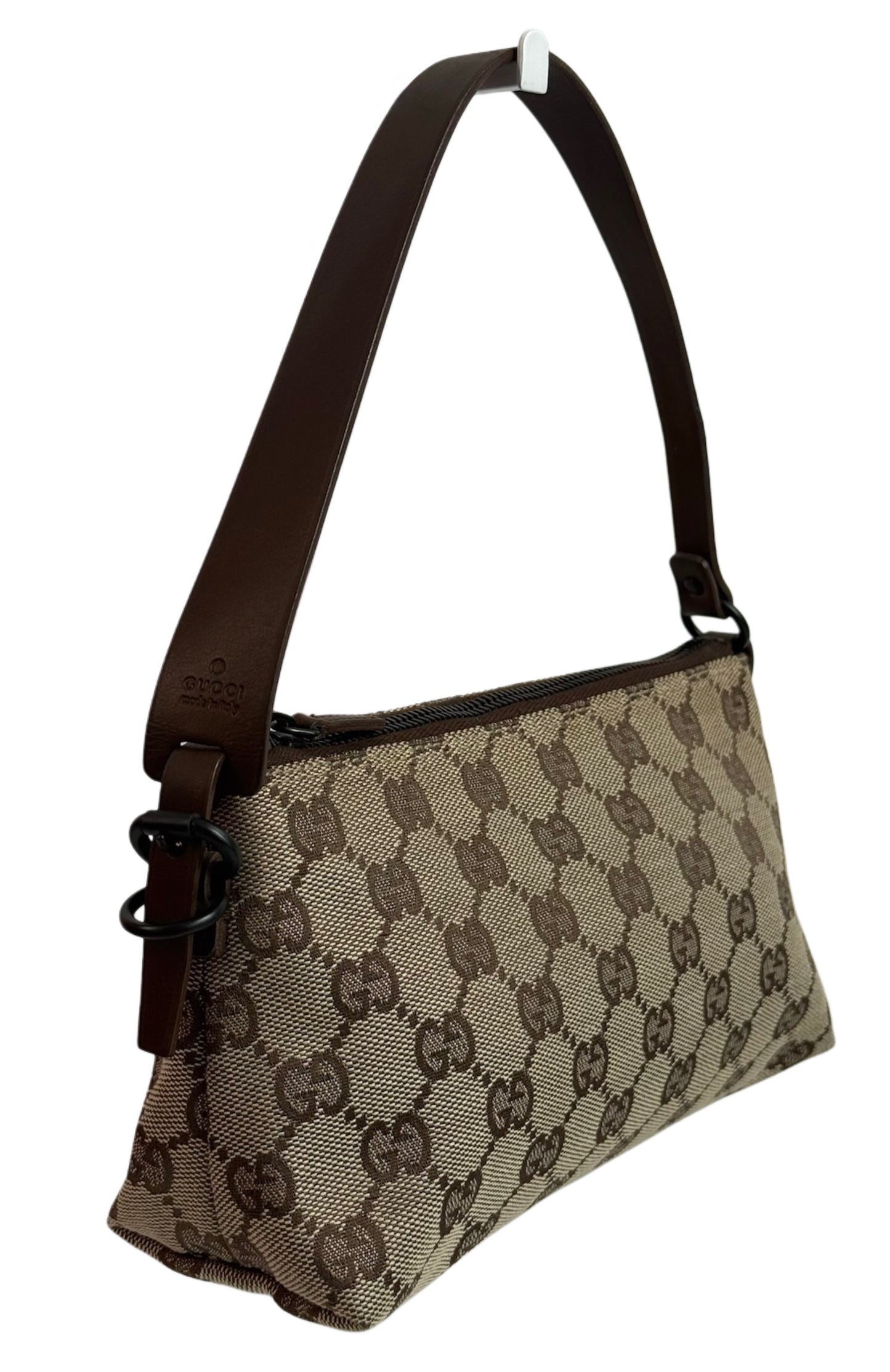 Gucci Vintage Brown GG Monogram Dark Brown Leather Trim Small Pochette Bag