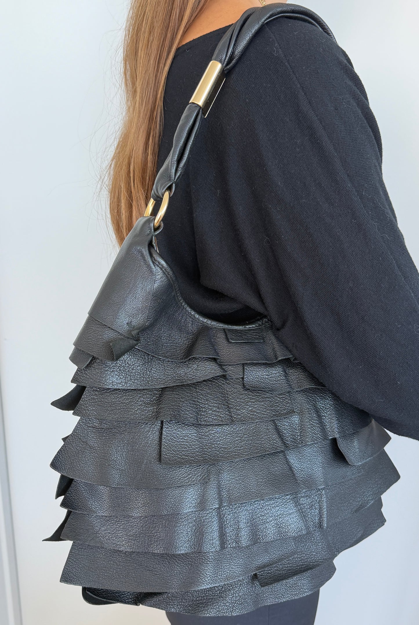 Yves Saint Laurent / YSL Vintage Black Leather Rive Gauche Ruffle St Tropez Small / Medium Shoulder Hobo Bag