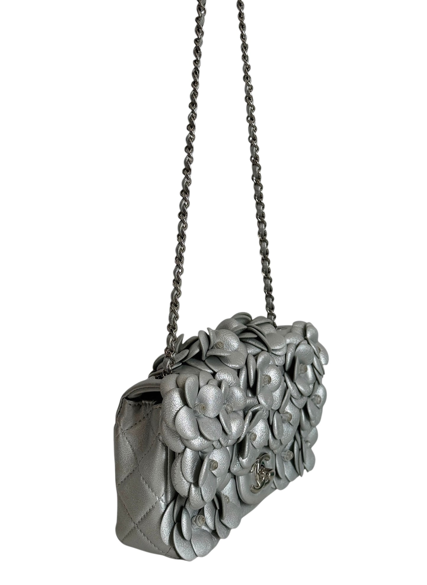 Chanel 2016 Metallic Silver Camellia Floral Lambskin Appliqué Classic Mini Rectangular Flap Bag