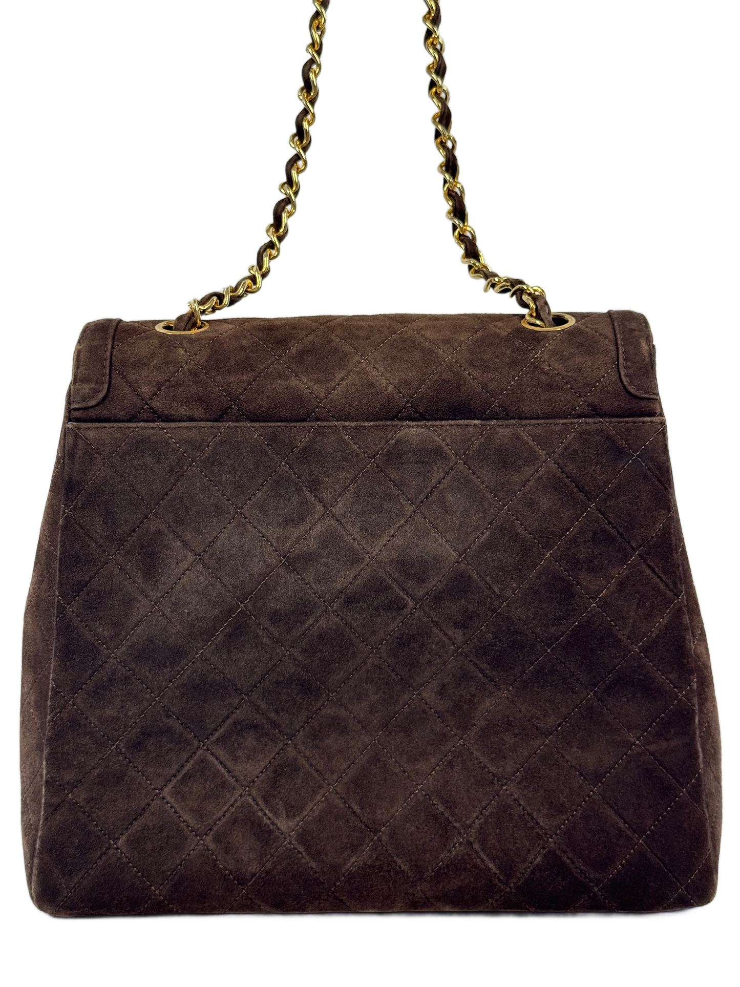 Chanel Vintage Late 80s Brown Suede Quilted Trapezoid Classic Flap Crossbody Shoulder Bag