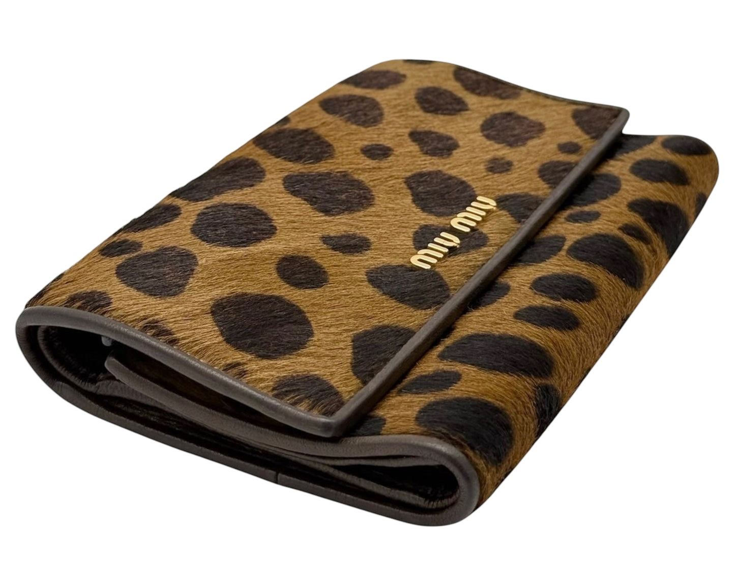 Miu Miu Vintage Brown Spotted Animal Print Pony Hair Snap Trifold Wallet