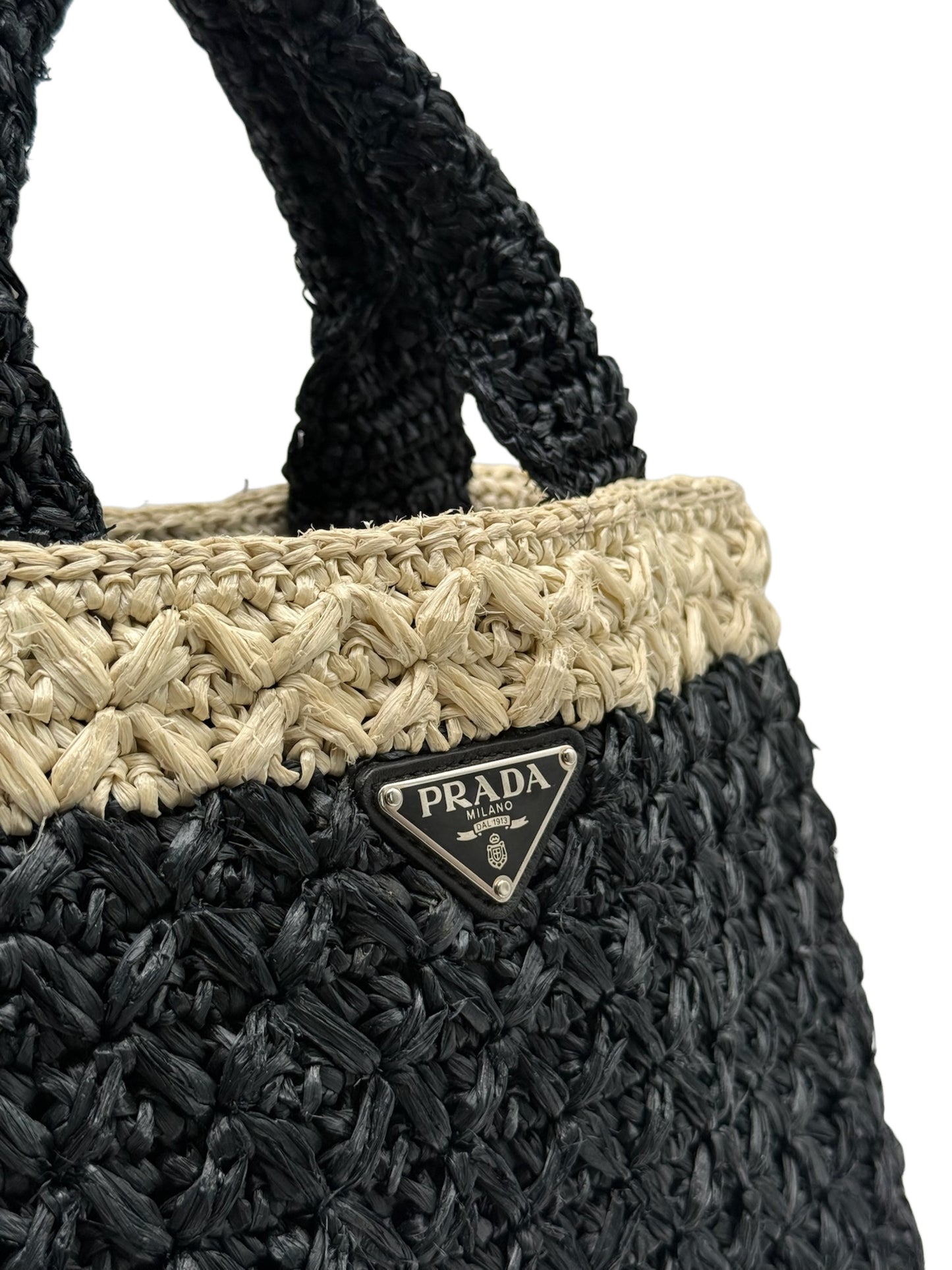 Prada Vintage Black & White Raffia Small Canapa Beach Top Handle Tote Bag