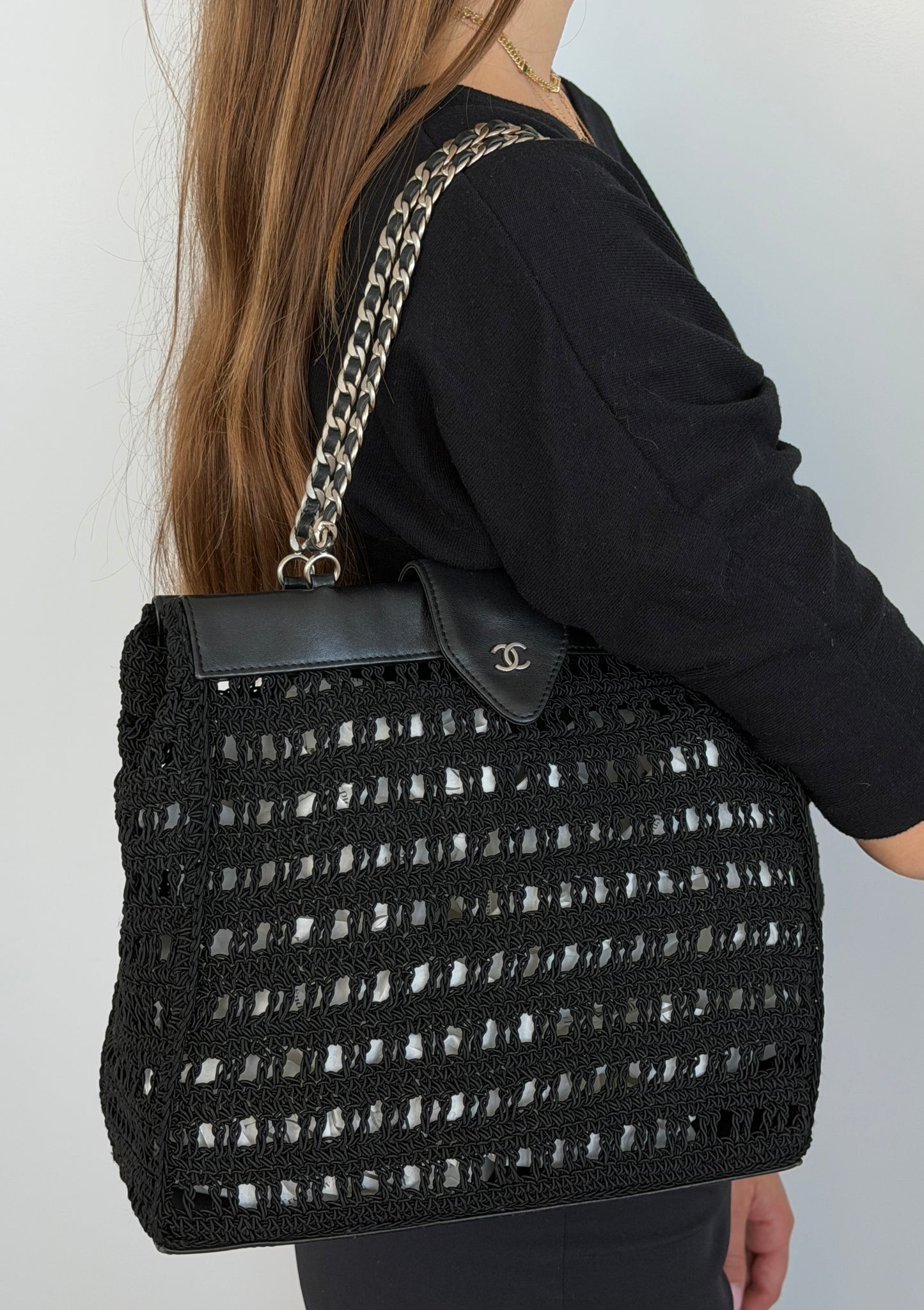 Chanel Vintage 90s Black Woven Crochet Knit CC Shoulder Tote Bag with Lambskin Trim 