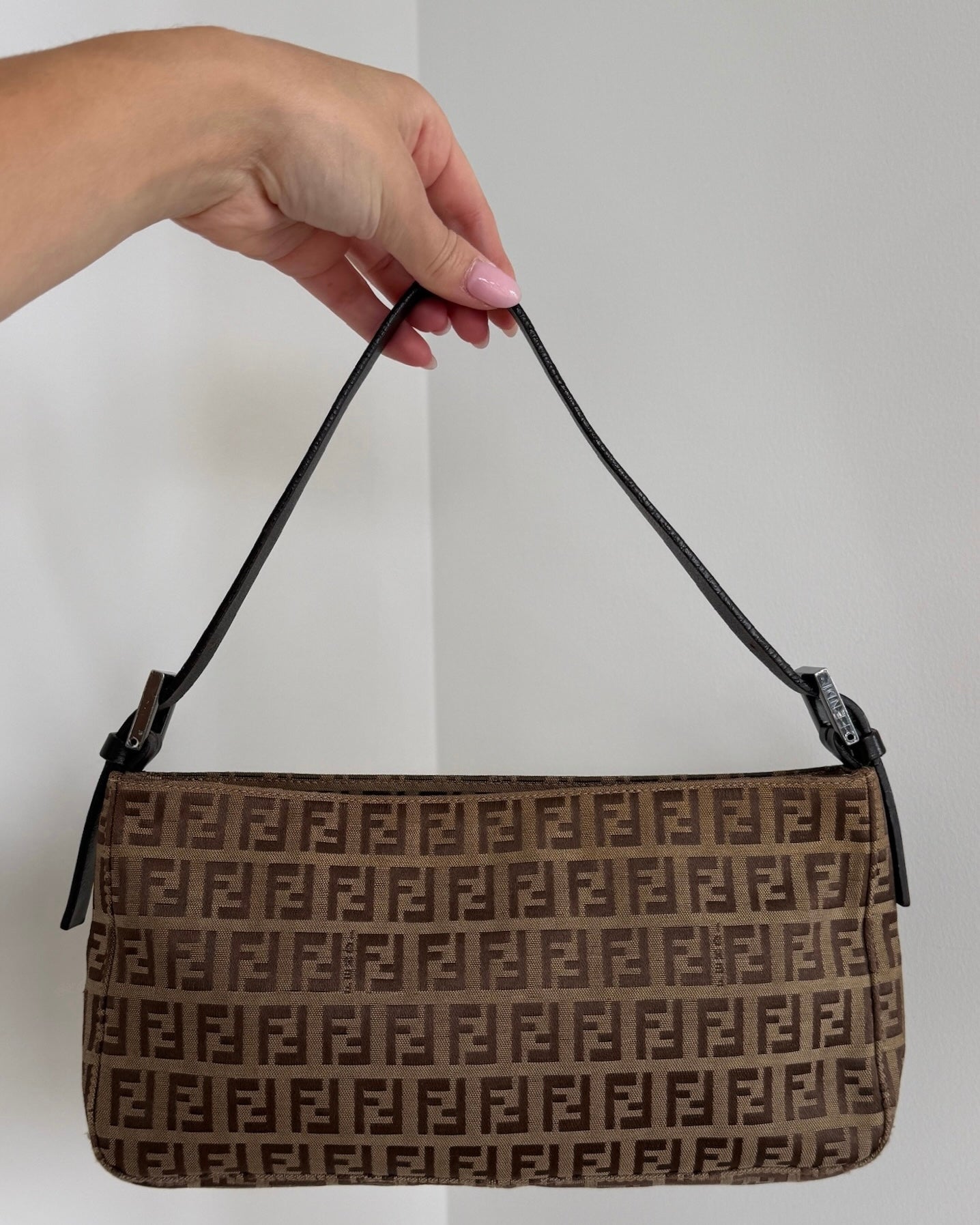 Fendi Vintage Light Brown Zucchino Zucca Monogram Medium Flat Shoulder Pochette Bag 