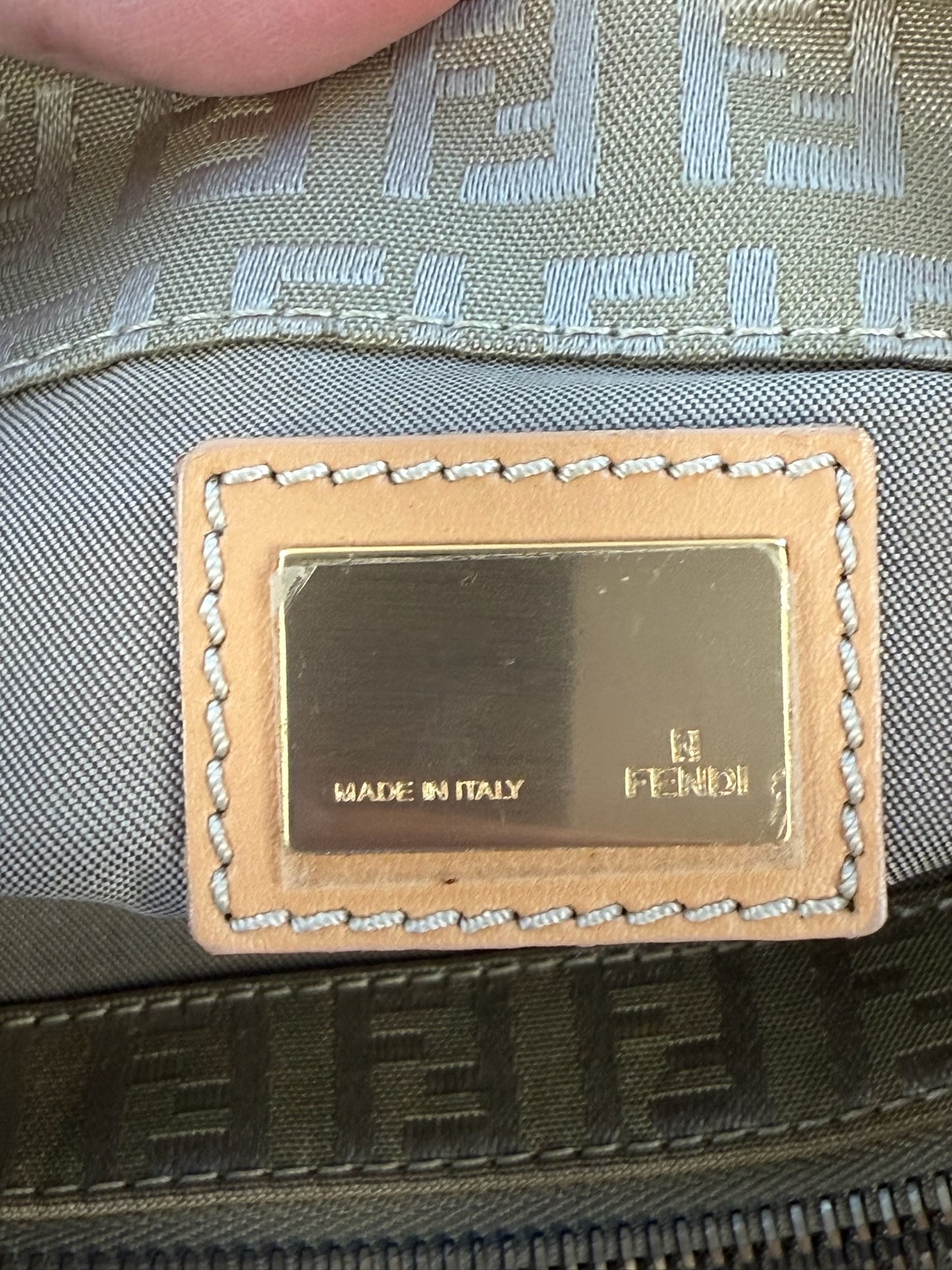 Fendi Vintage Beige Gold Zucca Monogram Hobo Shoulder Baguette Bag