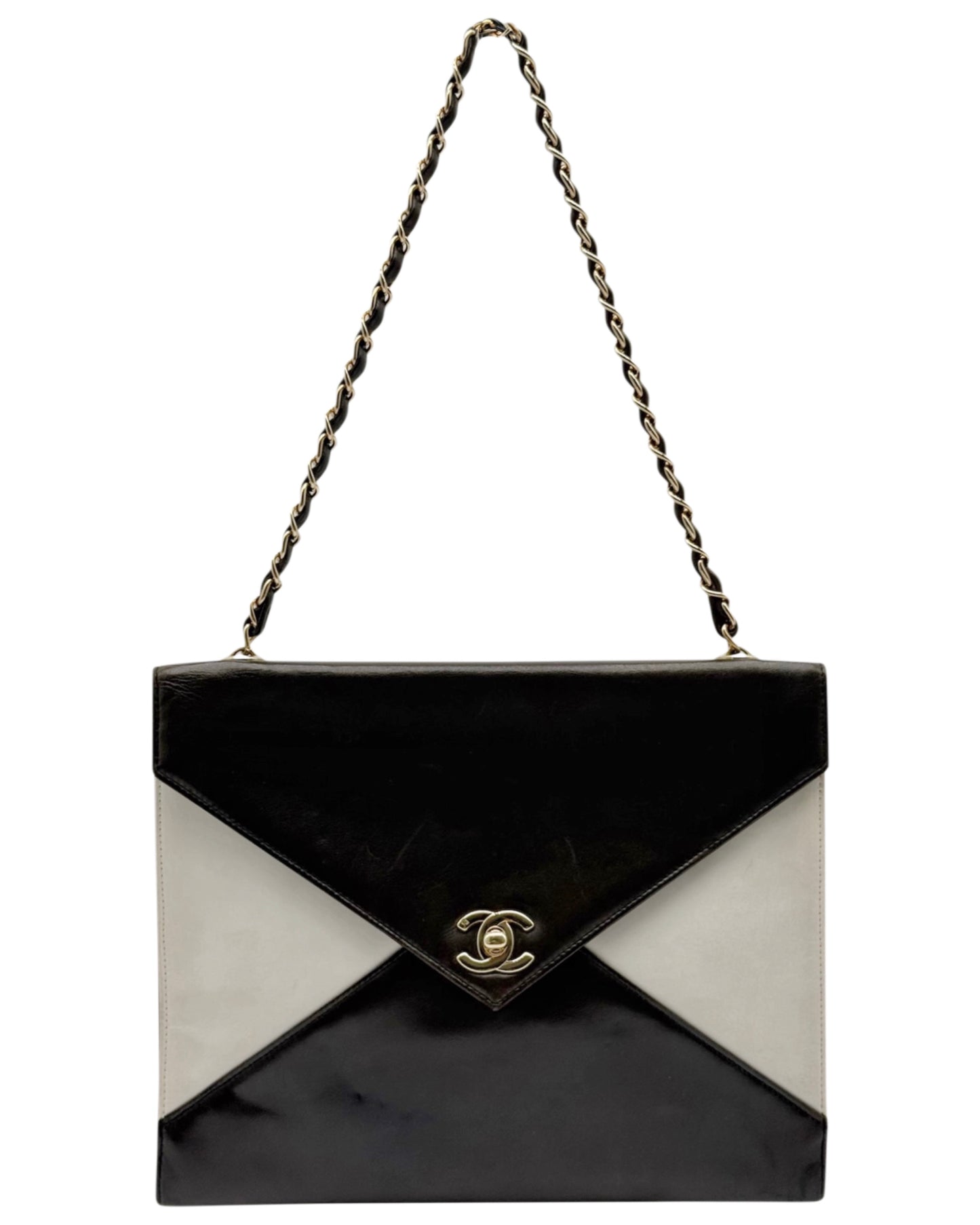 Chanel Vintage 90s Black and White Lambskin Envelope Flap Shoulder Bag w 24K GPHW