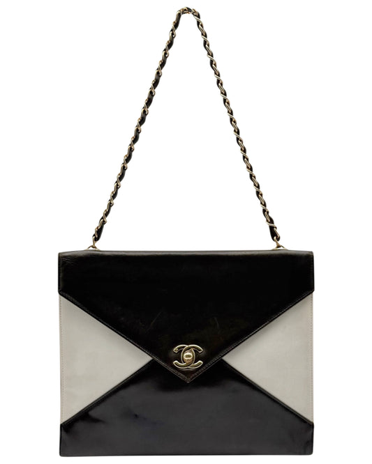 Chanel Vintage 90s Black and White Lambskin Envelope Flap Shoulder Bag w 24K GPHW