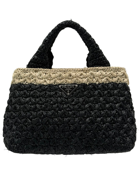 Prada Vintage Black & White Raffia Small Canapa Beach Top Handle Tote Bag