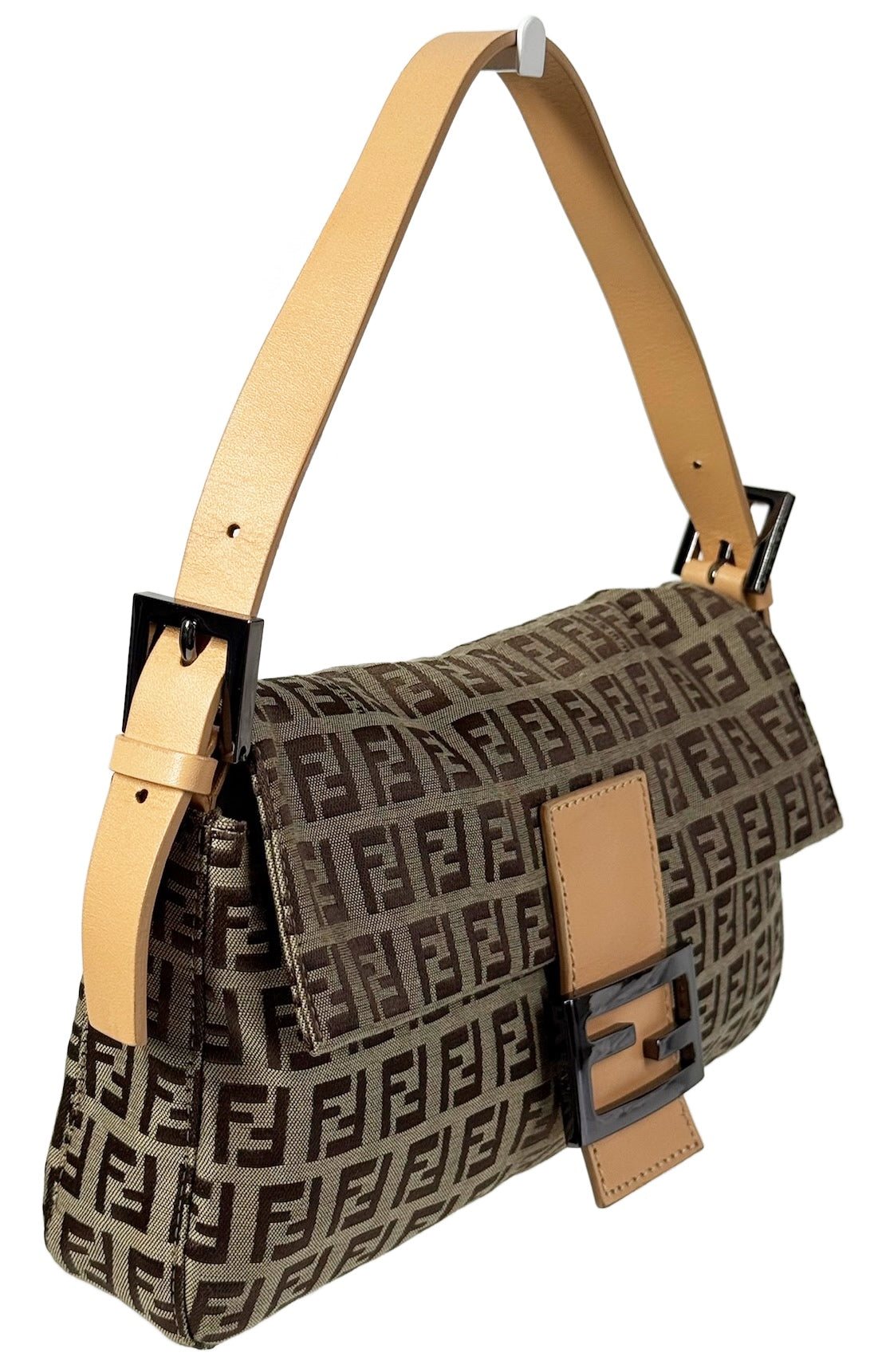 Fendi Vintage Light Brown Zucca Monogram Caramel Leather Trim Shoulder Baguette Bag
