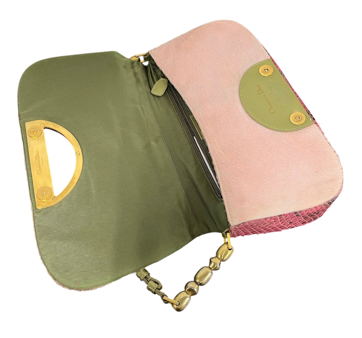 Dior Vintage 00s Pink Pony Hair & Fuchsia Python Green Trim Malice Shoulder Bag
