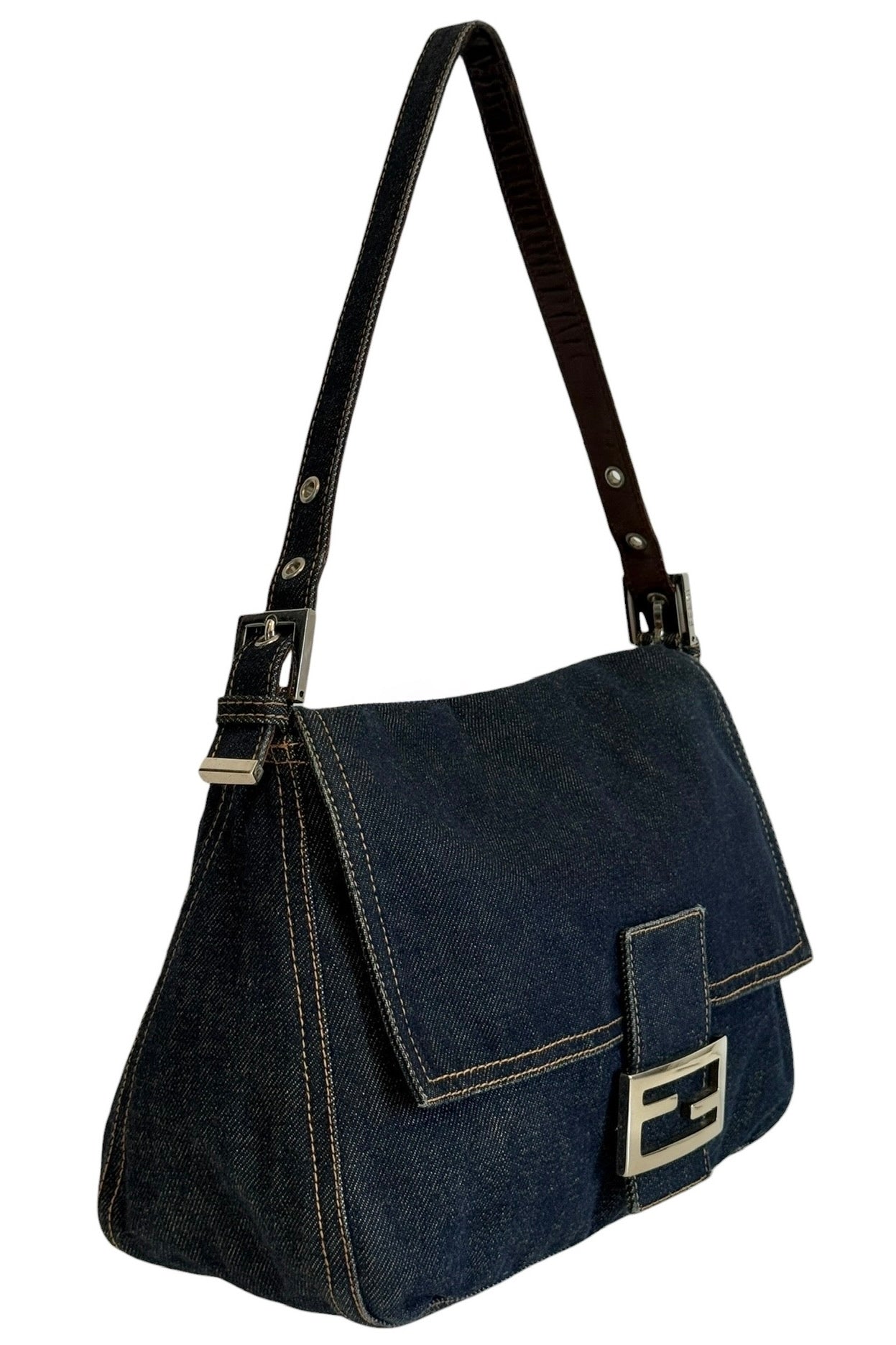 Fendi Vintage Classic Blue Denim Mamma Baguette Shoulder Bag
