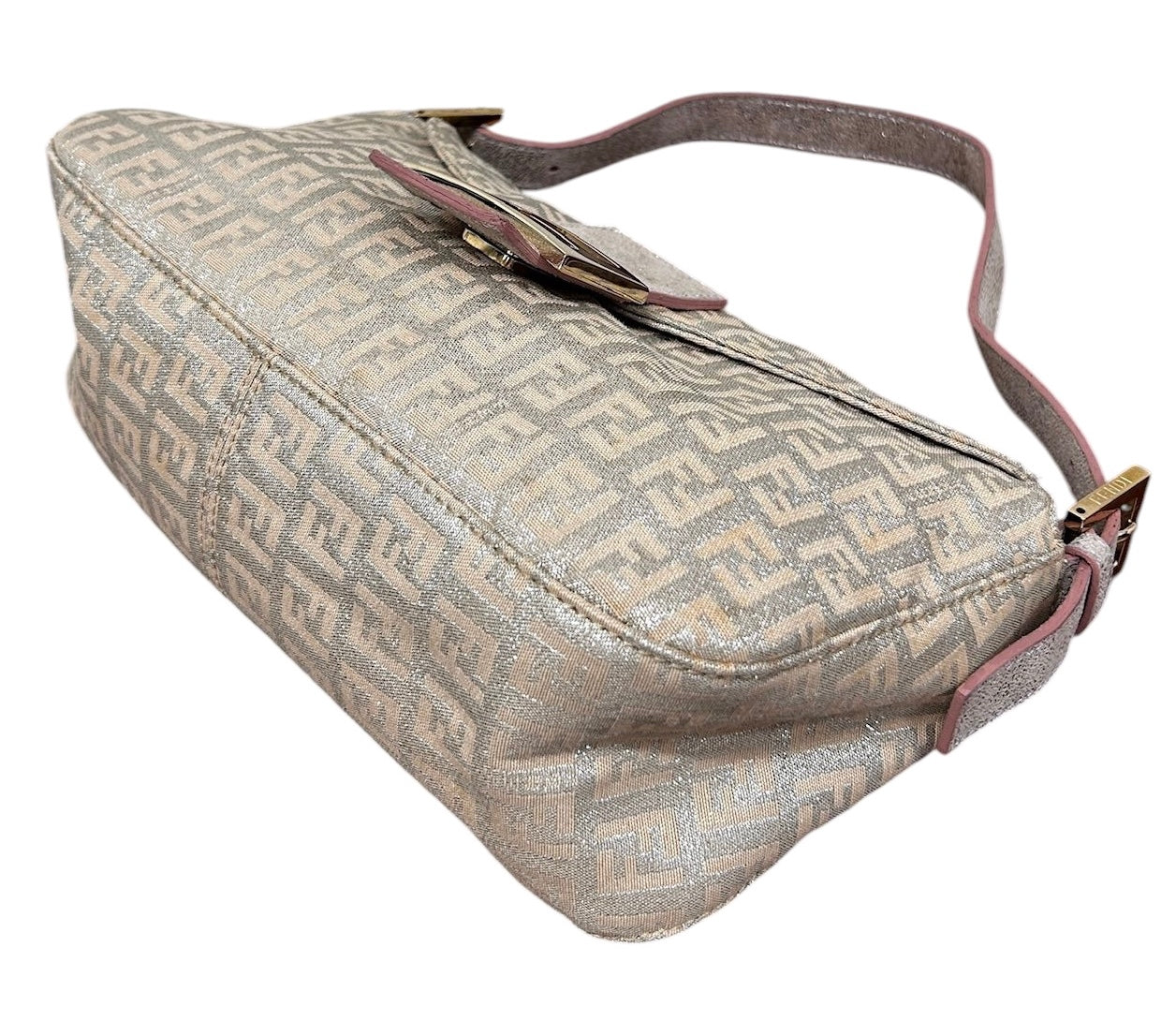 Fendi Vintage Metallic Pink Zucchino Zucca Monogram Double Flap Shoulder Baguette Bag